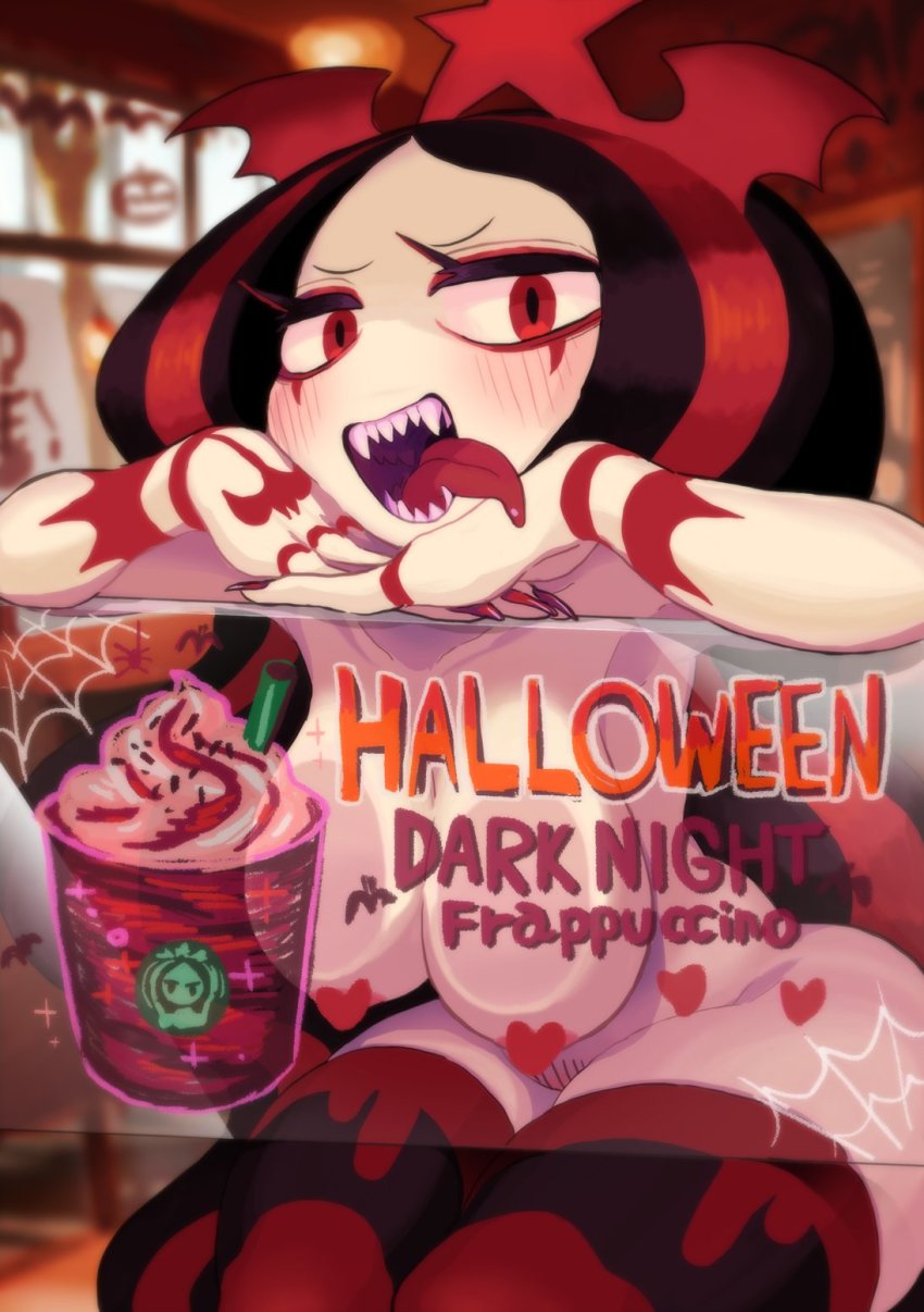 1girl areola_slip black_hair blurry blush breasts censored censored_nipples colored_skin convenient_censoring crown depth_of_field facing_viewer fangs female_focus female_pubic_hair frappuccino gashi-gashi halloween hanging_breasts heart heart_censor highres indoors long_hair looking_at_viewer medium_breasts multicolored_hair nail_polish navel nude open_mouth product_girl pubic_hair red_eyes red_hair red_nails sharp_teeth solo starbucks starbucks_siren stb-chan striped_clothes striped_thighhighs tattoo teeth thighhighs tongue tongue_out very_long_hair wavy_hair white_skin