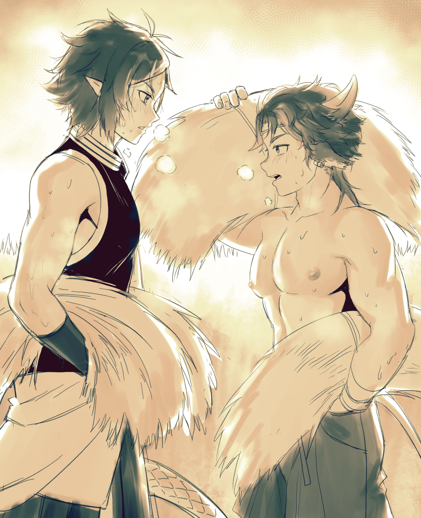 2boys absurdres animal_ears arknights black_shirt blush carrying chinese_commentary commentary_request condensation cow_boy cow_ears cow_horns cow_tail dragon_boy dragon_tail halenko hay highres horns looking_at_another male_focus multiple_boys nipples open_mouth pectorals pointy_ears profile shirt sleeveless sleeveless_shirt sweat tail toned toned_male topless_male wan_qing_(arknights) zuo_le_(arknights)
