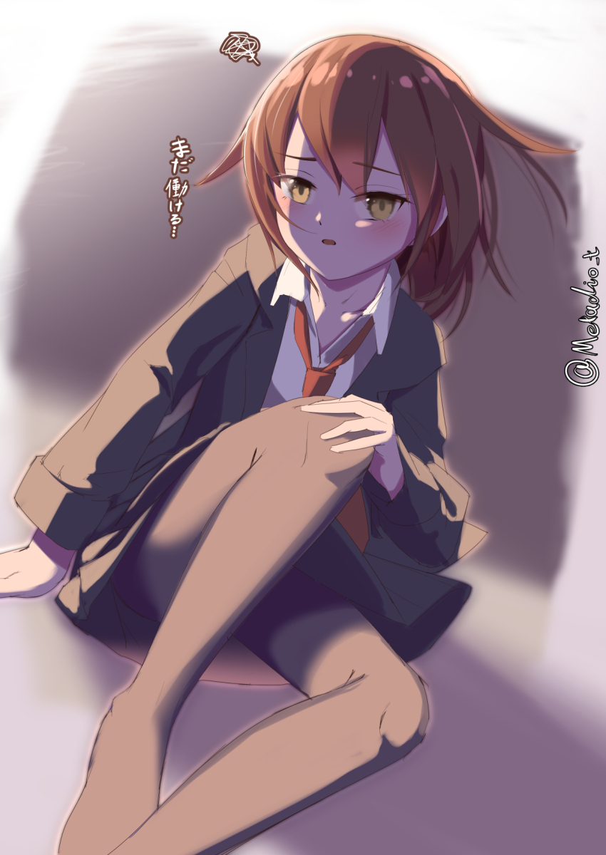 1girl black_jacket black_pantyhose blazer brown_eyes brown_hair collared_shirt commentary_request dress_shirt highres jacket kantai_collection metadio necktie pantyhose red_necktie shirt short_hair solo translation_request twitter_username wakaba_(kancolle) white_shirt