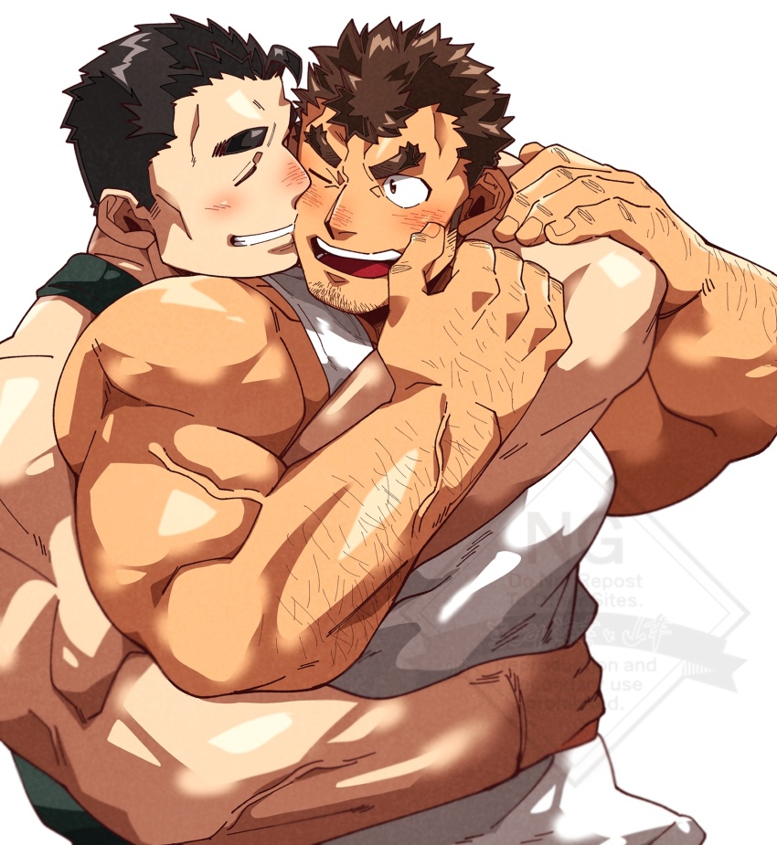 2boys bara fiery_horns highres horns kizami_nori_to_yamaimo large_pectorals male_focus mature_male multiple_boys muscular muscular_male pectoral_cleavage pectorals protagonist_3_(housamo) takabushi_kengo thick_eyebrows tokyo_houkago_summoners yaoi