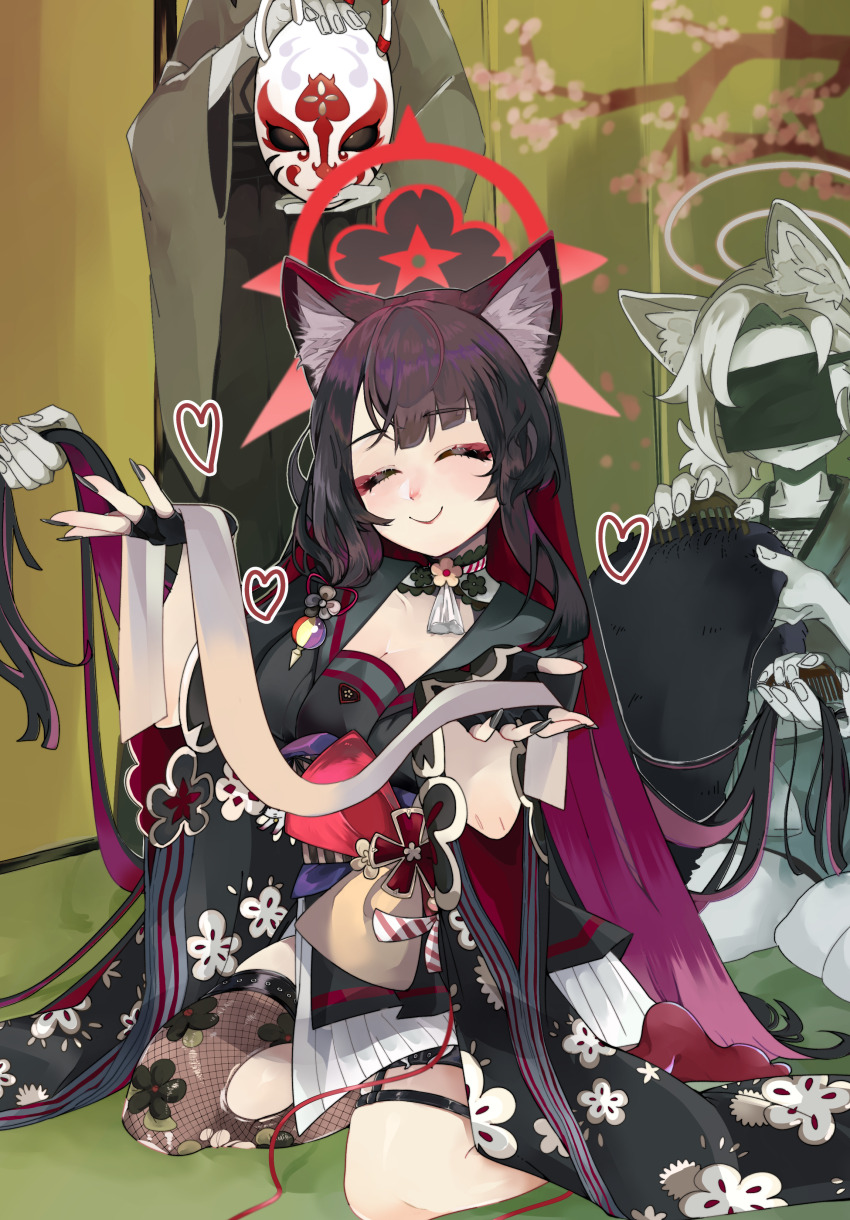 3girls absurdres animal_ears black_gloves black_kimono black_nails blue_archive breasts brown_hair cleavage closed_eyes closed_mouth colored_inner_hair commentary ebichan0135 extra eyeshadow faceless faceless_female fingerless_gloves fingernails fishnet_thighhighs fishnets floral_print fox_ears fox_girl fox_mask fox_tail gloves halo heart highres indoors japanese_clothes kimono kneeling lipstick long_fingernails long_hair long_sleeves makeup mask medium_breasts multicolored_hair multiple_girls nail_polish on_floor red_eyeshadow red_hair red_lips red_socks seiza single_sock single_thighhigh sitting smile socks solo_focus tail brushing_tail thighhighs two-tone_hair very_long_hair wakamo_(blue_archive) wide_sleeves