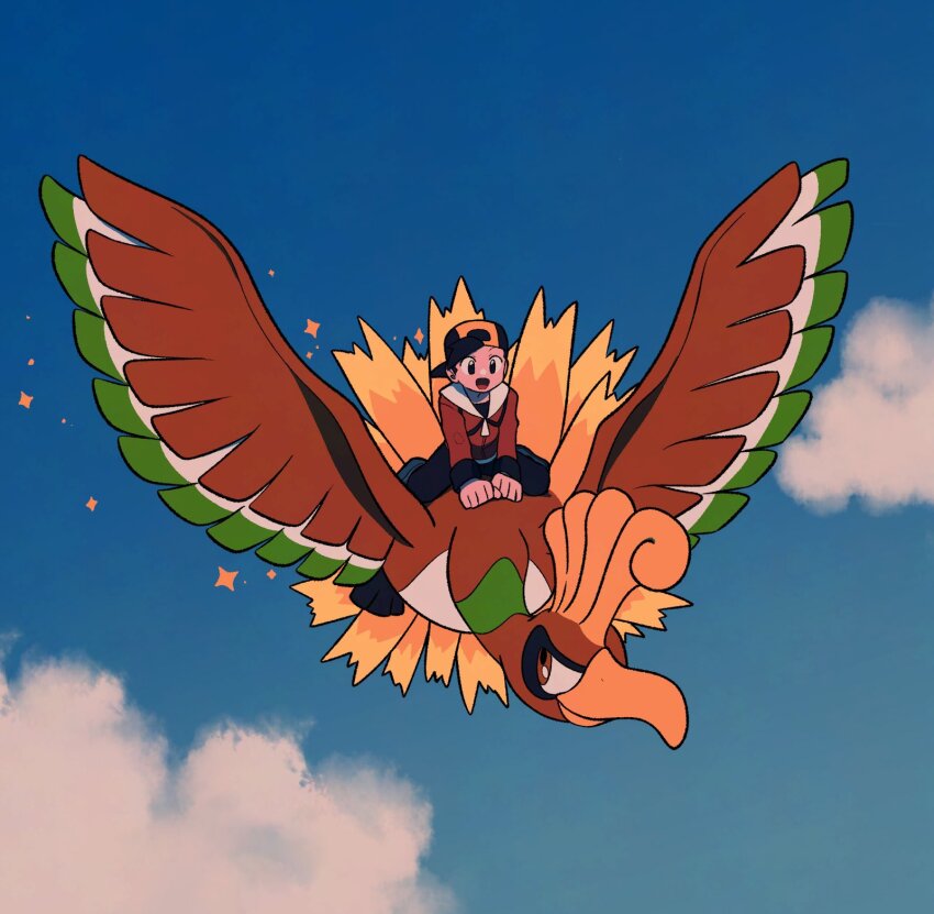 1boy :d above_clouds black_eyes black_hair black_hat black_pants cloud day ethan_(pokemon) gen_2_pokemon happy hat highres ho-oh jacket legendary_pokemon long_sleeves male_focus nintendo open_mouth outdoors pants pokemon pokemon_(creature) pokemon_hgss red_jacket riding riding_pokemon short_hair smile sparkle tongue tyako_089
