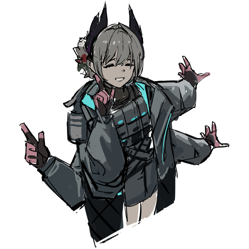 1girl absurdres arknights bird_girl black_feathers black_gloves closed_eyes dark-skinned_female dark_skin extra_arms feathers wagging_finger flower gloves grey_hair hair_flower hair_ornament head_wings highres honkai_(honkai1954) hoshino_ruby_dance index_finger_raised oshi_no_ko pink_gloves raidian_(arknights) short_hair simple_background smile solo tail two-tone_gloves white_background wings