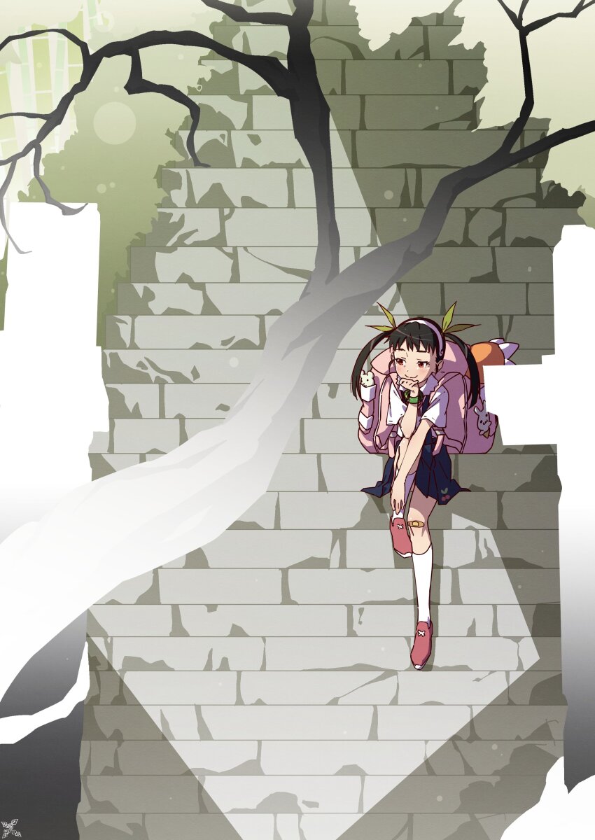 absurdres artist_logo backpack bad_link bag bamboo bandaid bandaid_on_knee bandaid_on_leg black_hair black_skirt elbow_rest hachikuji_mayoi hair_ribbon hairband hand_on_own_ankle head_rest highres knee_up logo looking_to_the_side makicha_(sasurainopink) monogatari_(series) pink_bag ribbon shade shirt shoes sitting sitting_on_stairs skirt smile socks stairs stone_stairs suspender_skirt suspenders tree twintails white_hairband white_shirt white_socks wide_shot