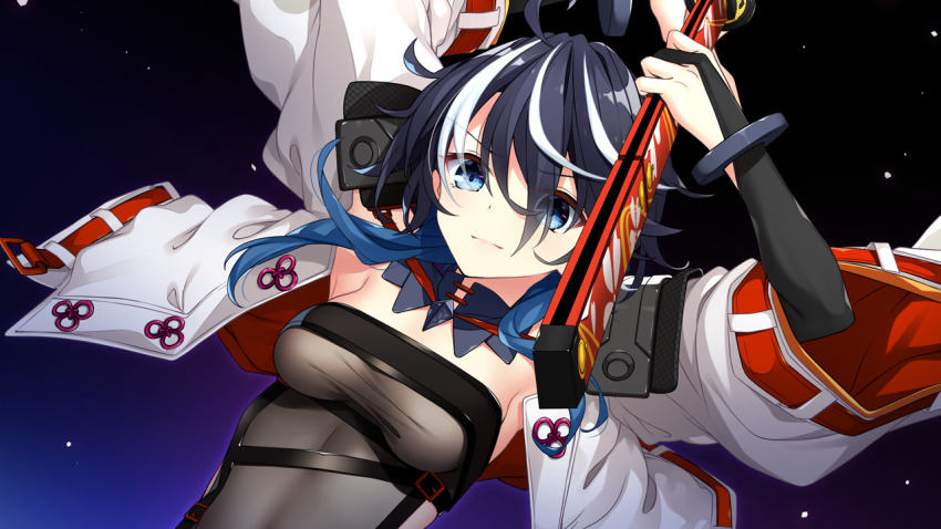 1girl ahoge akatsuki_yureru_koi_akari arakawa_sonomi arm_up armpits blue_eyes breasts closed_mouth detached_collar female_focus fighting_stance fingerless_gloves game_cg gloves gradient_background hand_up hilt jacket japanese_clothes looking_at_viewer multicolored_hair original short_hair simple_background small_breasts solo two-tone_hair upper_body usume_shirou