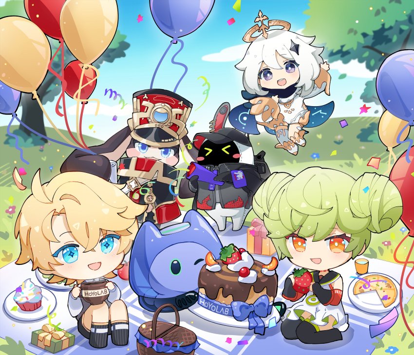 &gt;_&lt; 1boy 2girls 3others :d absurdres ai-chan_(honkai_impact) balloon bangboo_(zenless_zone_zero) bare_shoulders black_eyes black_footwear black_gloves black_scarf black_shorts black_socks blonde_hair blue_eyes blue_sky boots cake chibi cloud cloudy_sky company_connection confetti crossover cup cupcake davis_(tears_of_themis) double_bun dress elbow_gloves emmikn food fruit full_body genshin_impact gloves green_hair hair_bun hair_ornament halo highres holding holding_cup honkai:_star_rail honkai_(series) honkai_impact_3rd long_sleeves looking_at_viewer mihoyo mimo_(mihoyo) multiple_girls multiple_others one_eye_closed open_mouth orange_eyes outdoors paimon_(genshin_impact) pizza plate pom-pom_(honkai:_star_rail) rabbit scarf shirt short_hair shorts sky sleeveless sleeveless_dress smile socks strawberry tears_of_themis thigh_boots tree waving white_dress white_footwear white_hair white_shirt zenless_zone_zero