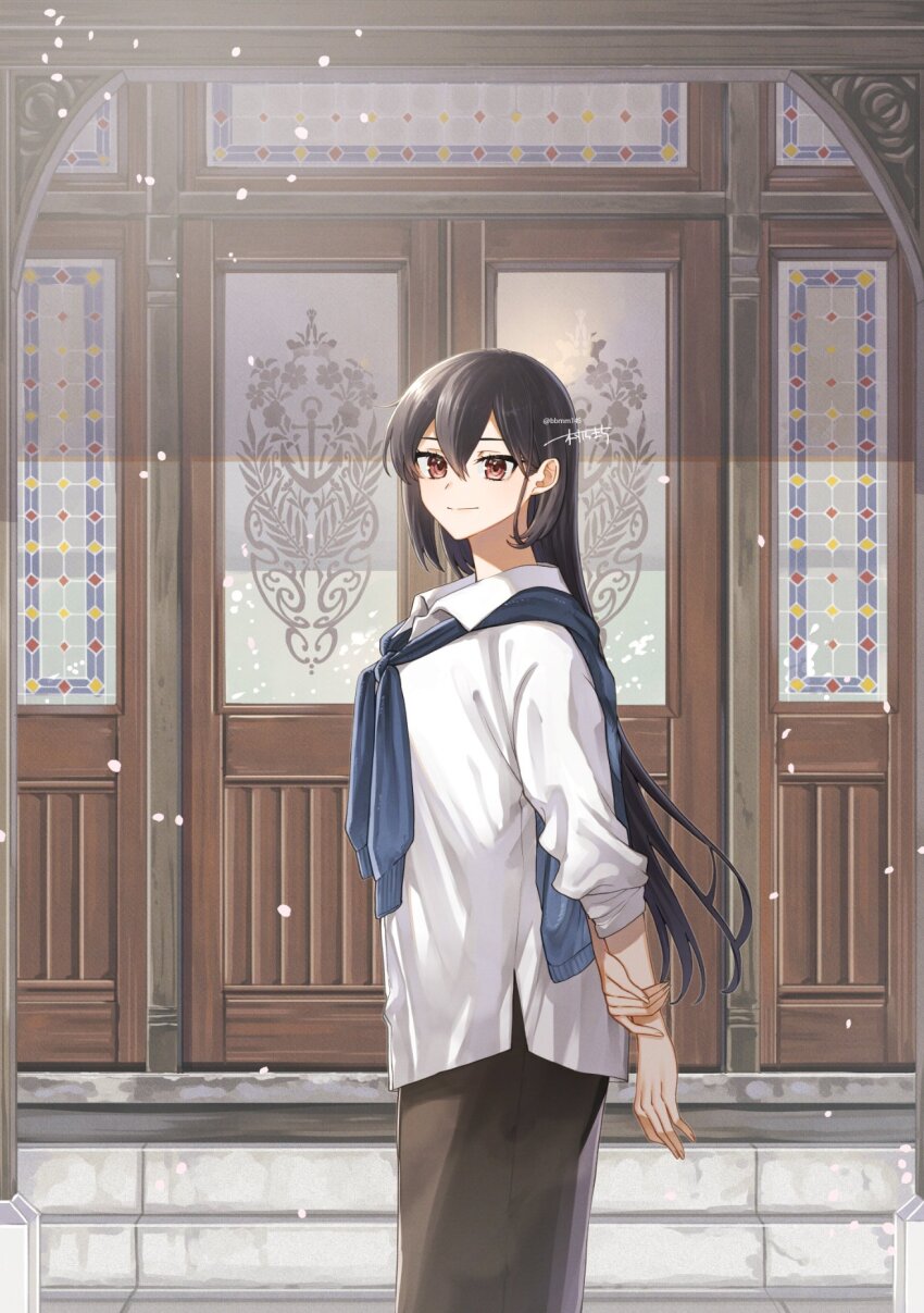 1girl alternate_costume black_hair black_pantyhose blue_jacket brown_eyes collared_shirt commentary_request cover door dress_shirt fake_magazine_cover hair_between_eyes highres jacket kantai_collection long_hair looking_at_viewer machi_(ritovoyage) magazine_cover nagato_(kancolle) pantyhose red_eyes shirt solo textless_version white_shirt