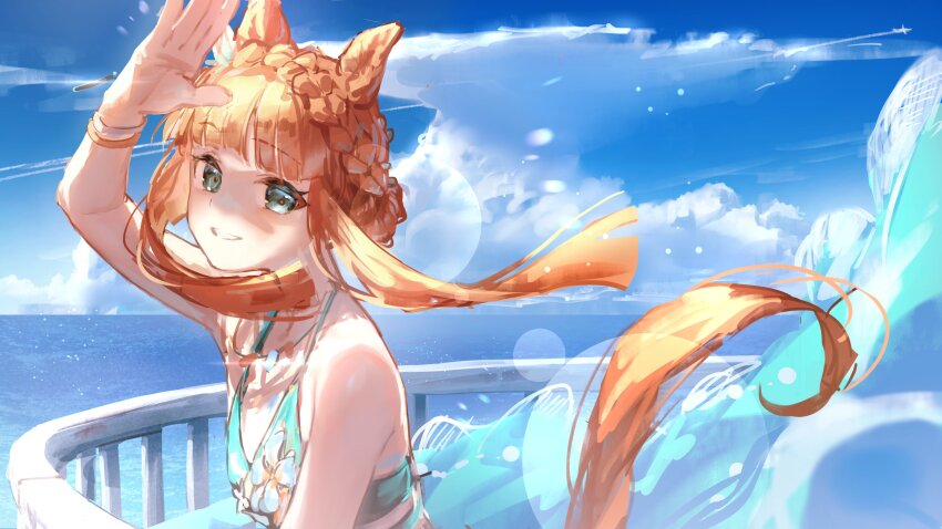 1girl absurdres animal_ears arm_up bare_shoulders bikini bracelet braid cloud crown_braid flat_chest floating_hair green_bikini green_eyes highres horizon horse_ears horse_girl horse_tail jewelry long_hair looking_at_viewer looking_to_the_side ocean open_mouth orange_hair railing shading_eyes silence_suzuka_(emerald_on_the_waves)_(umamusume) silence_suzuka_(umamusume) smile solo swimsuit tail umamusume upper_body water yu_hydra