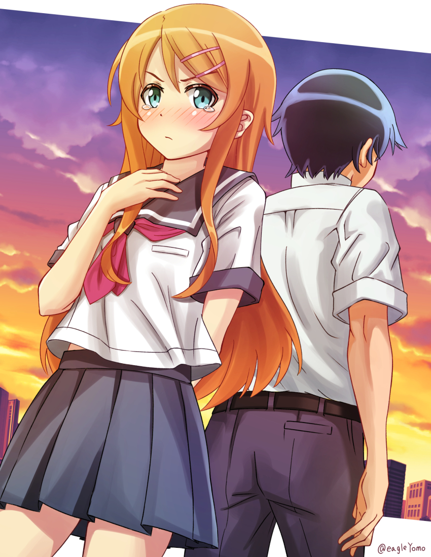 1boy 1girl belt black_belt blonde_hair blue_sailor_collar blue_skirt blush brother_and_sister building commentary_request hair_ornament highres kousaka_kirino kousaka_kyousuke long_hair midriff_peek miniskirt neckerchief ore_no_imouto_ga_konna_ni_kawaii_wake_ga_nai outdoors pants red_neckerchief sailor_collar school_uniform serafuku shirt short_hair short_sleeves siblings skirt white_shirt yomo