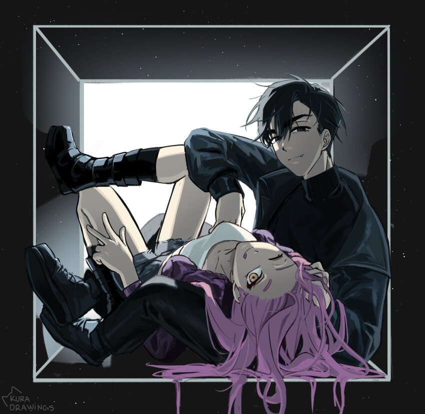 1boy 1girl absurdres alien_stage black_boots black_eyes black_jacket black_pants black_shirt boots box commentary english_commentary fang grey_shorts highres in_box in_container ivan_(alien_stage) jacket kuradrawings long_hair looking_at_viewer lying mizi_(alien_stage) one_eye_closed pants pink_hair red_pupils shirt short_hair shorts signature tongue tongue_out turtleneck turtleneck_shirt very_short_hair w white_shirt yellow_eyes