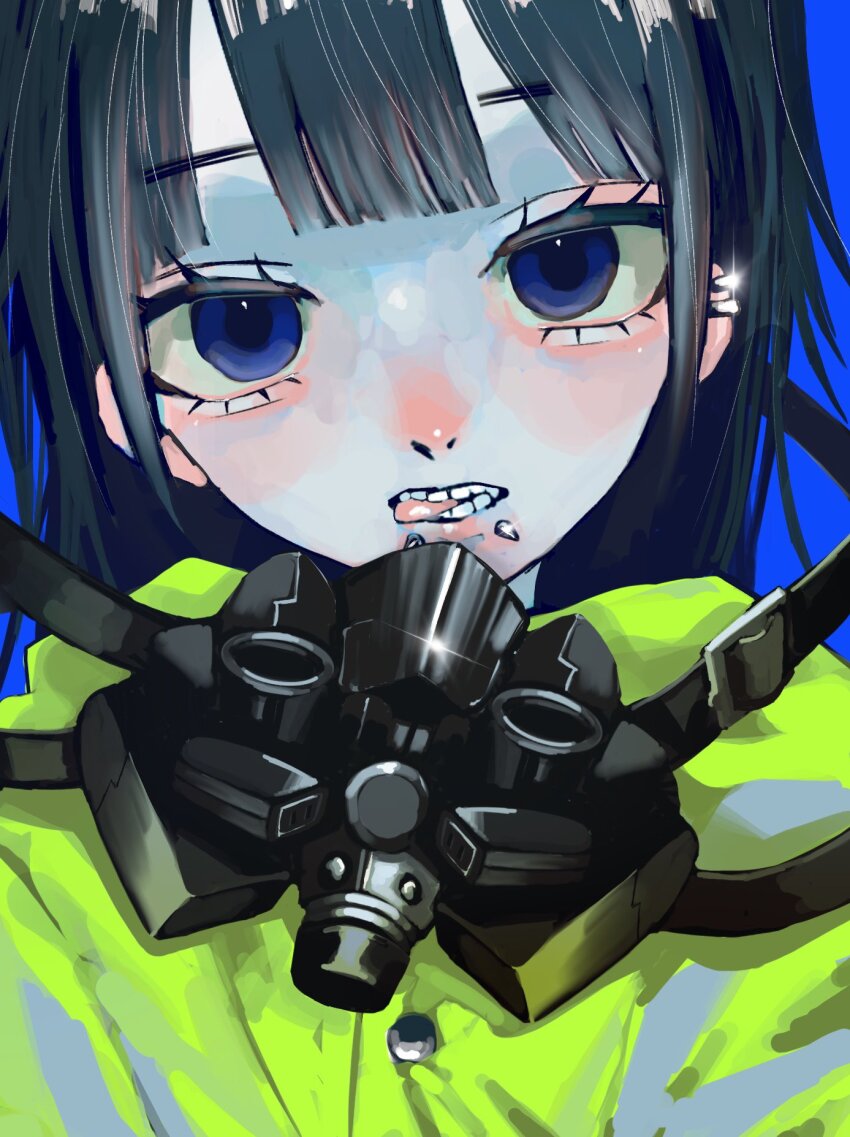 1girl biting_tongue blue_background blue_eyes blunt_bangs buttons ear_piercing face_piercing grey_hair high-visibility_clothing high-visibility_jacket highres jacket lip_piercing long_hair looking_at_viewer mask original pale_skin parted_lips piercing respirator simple_background solo straight-on teeth tongue upper_body urokogaran yellow_jacket