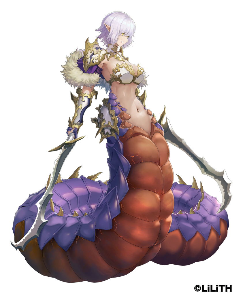 1girl armor armpits bikini_armor breasts capelet character_request cleavage commentary_request dual_wielding faulds full_body fur-trimmed_capelet fur_trim gauntlets hair_between_eyes hanekura_bou highres holding holding_sword holding_weapon lamia large_breasts looking_to_the_side medium_hair monster_girl navel official_art parted_lips pointy_ears purple_capelet scales shoulder_armor sidelocks silver_hair simple_background slit_pupils smile solo spikes stomach sword tachi-e taimanin_(series) taimanin_rpgx watermark weapon white_armor white_background yazaki_reiko yellow_eyes