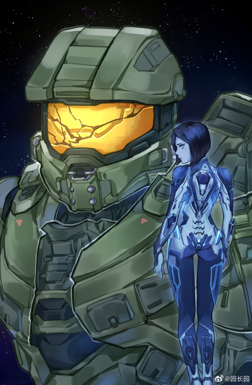 1boy 1girl armor assault_visor blue_eyes blue_hair blue_skin chinese_commentary colored_skin cortana crack cracked_glass damaged green_helmet halo_(series) halo_5:_guardians helmet highres hologram looking_at_viewer looking_back master_chief power_armor sky_kiki space spartan_(halo) star_(sky) watermark weibo_username weibo_watermark