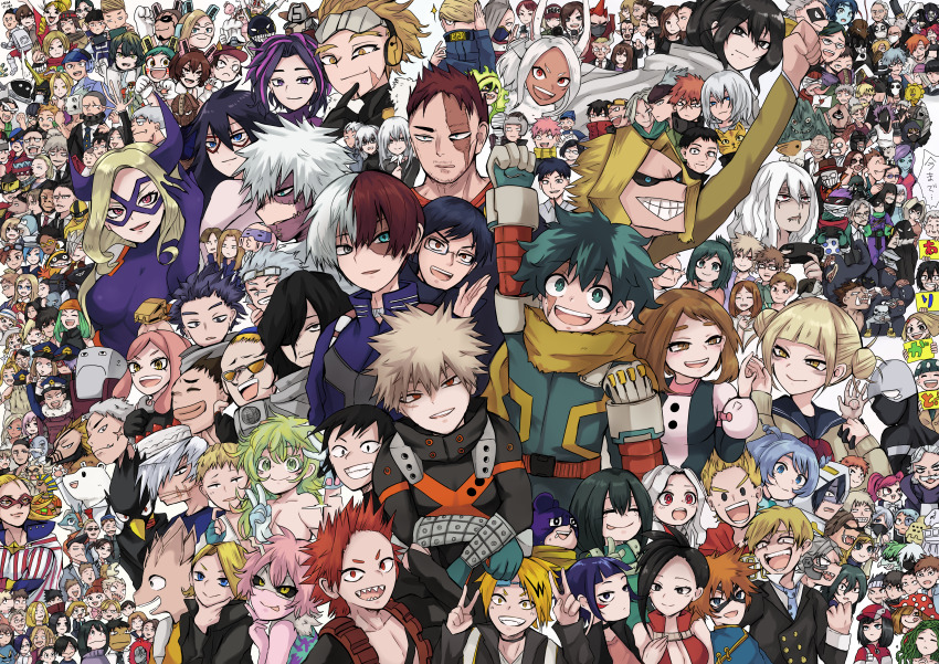 6+boys 6+girls absurdres animal_ears aoyama_yuga asui_beru asui_ganma asui_samidare asui_satsuki asui_tsuyu bakugou_katsuki bakugou_masaru bakugou_mitsuki beard black_eyes black_hair black_necktie black_sclera blonde_hair blue_eyes blue_hair boku_no_hero_academia breasts brown_eyes brown_hair bubaigawara_jin bubble_girl_(boku_no_hero_academia) burnin_(boku_no_hero_academia) cellphone character_request cigarette cleavage closed_eyes colored_sclera dabi_(boku_no_hero_academia) double_v endeavor_(boku_no_hero_academia) envelope eri_(boku_no_hero_academia) everyone eye_mask facial_hair fingerless_gloves frown glasses gloves green_eyes green_hair grey_hair hado_nejire hagakure_toru hair_bun hair_over_eyes hair_over_one_eye hat hatsume_mei hawks_(boku_no_hero_academia) highres holding holding_envelope holding_phone horns iida_tenya ippan_josei izumi_kota jiro_kyoka kendo_itsuka kirishima_eijirou kodai_yui komori_kinoko lady_nagant mandalay_(boku_no_hero_academia) midoriya_inko midoriya_izuku mineta_minoru mirko mole mole_under_mouth mount_lady multiple_boys multiple_girls mustache necktie open_mouth phone pink_hair pixie-bob_(boku_no_hero_academia) purple_eyes purple_hair rabbit_ears ragdoll_(boku_no_hero_academia) red_eyes red_hair ryuukyuu sailor_collar saliva scar scar_on_face sero_hanta sharp_teeth shigaraki_tomura shimura_nana shoji_mezo spinner_(boku_no_hero_academia) sunglasses tamatamagon1030 teeth tiger_(boku_no_hero_academia) todoroki_shoto toga_himiko tokoyami_fumikage tongue tongue_out twintails uraraka_ochako v white_hair yagi_toshinori yaoyorozu_momo yellow_eyes
