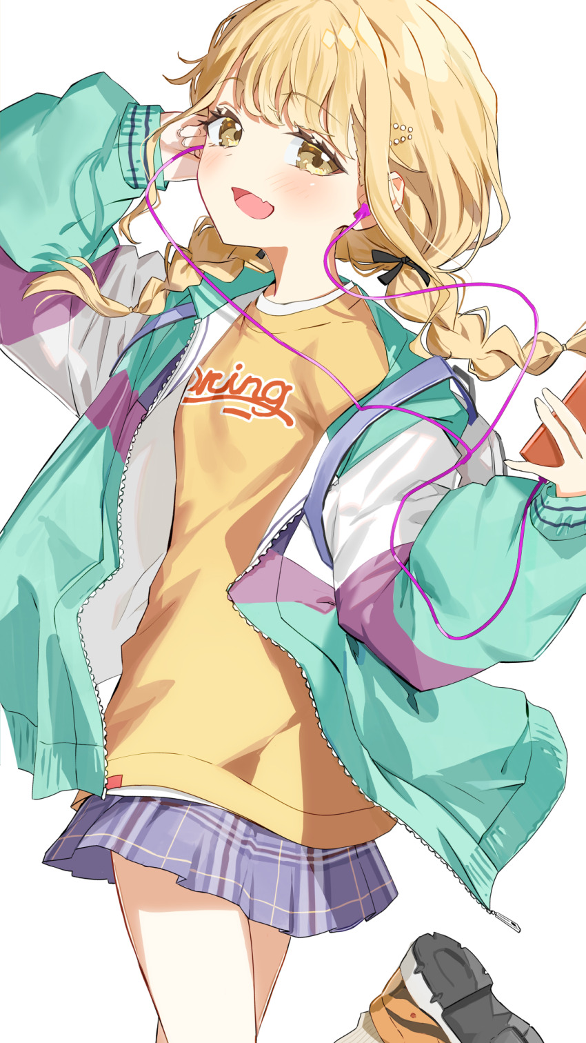 1girl blonde_hair blue_skirt blush braid commentary_request earphones fang fujita_kotone gakuen_idolmaster hair_ribbon highres idolmaster jacket looking_at_viewer multicolored_jacket plaid_clothes plaid_skirt pleated_skirt ribbon ryoma_(rym_369) shirt simple_background skin_fang skirt smile solo standing standing_on_one_leg twin_braids twisted_torso white_background yellow_eyes yellow_shirt