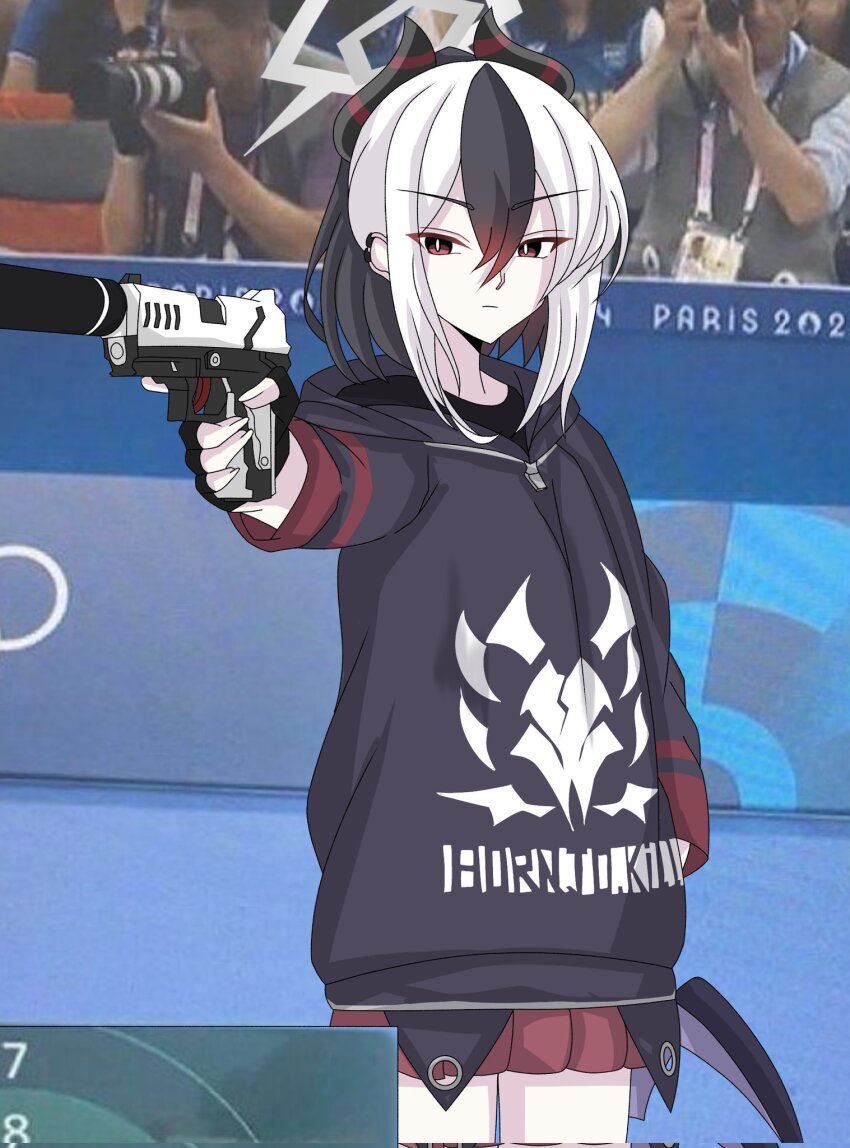 1girl 2024_summer_olympics black_horns blue_archive bright_pupils commentary corrupted_twitter_file cowboy_shot demon_horns english_commentary expressionless grey_halo gun halo hand_in_pocket highres holding holding_gun holding_weapon hood hood_down hoodie horns kayoko_(blue_archive) long_sleeves multicolored_hair olympics photo-referenced red_eyes red_skirt shi_draco skirt slit_pupils solo thighs two-tone_hair v-shaped_eyebrows weapon white_pupils yusuf_dikec yusuf_dikec_(meme)