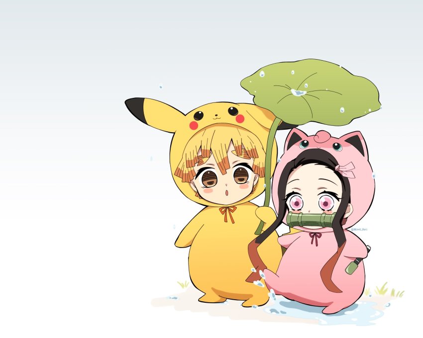 1boy 1girl agatsuma_zenitsu animal_costume animal_ears bamboo black_hair blonde_hair blush chibi cosplay gag gagged gagged_(willingly) gen_1_pokemon highres jigglypuff jigglypuff_(cosplay) kamado_nezuko kimetsu_no_yaiba leaf long_hair male_focus multicolored_hair nintendo pikachu pikachu_(cosplay) pikachu_costume pikachu_ears pink_eyes pokemon pori_(kmt_pori) twitter_username water_drop yellow_eyes