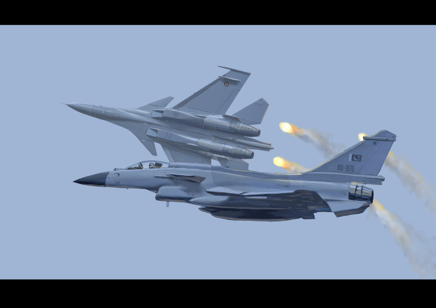 absurdres aircraft airplane chengdu_j-10 fighter_jet flares_(countermeasure) highres indian_air_force military_vehicle original pakistan_air_force sky su-30 vehicle_focus yukikaze_supersylph