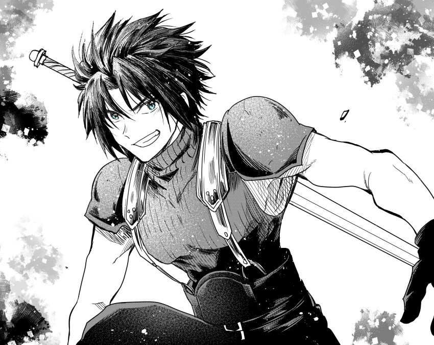 1boy absurdres armor belt black_gloves black_hair blue_eyes crisis_core_final_fantasy_vii final_fantasy final_fantasy_vii gloves grin hair_slicked_back highres kudou_makoto looking_at_viewer male_focus monochrome multiple_belts parted_bangs short_hair shoulder_armor sleeveless sleeveless_turtleneck smile solo spot_color suspenders sword teeth toned toned_male turtleneck upper_body weapon weapon_on_back zack_fair