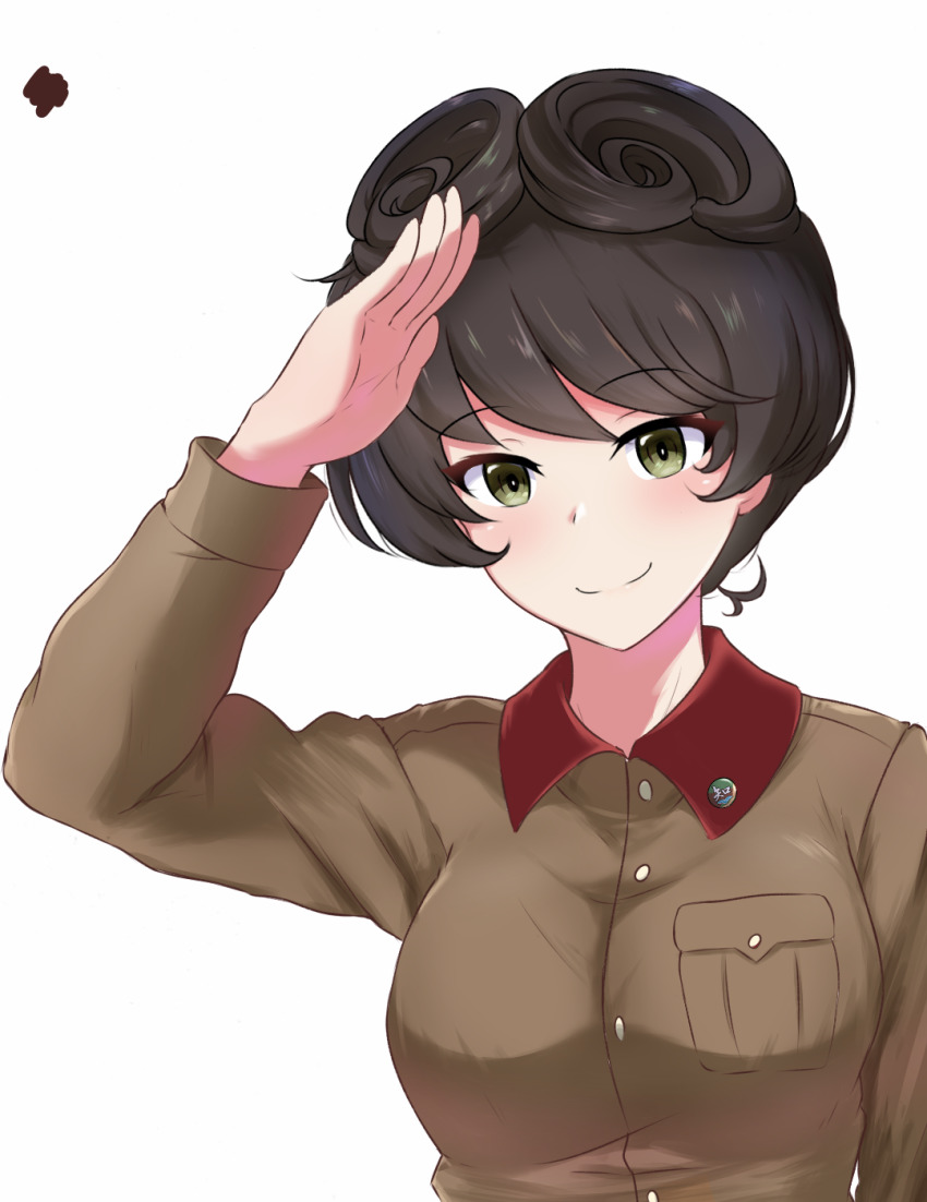 1girl amogan brown_hair brown_jacket chi-hatan_military_uniform commentary commission girls_und_panzer green_eyes hair_rings highres hosomi_shizuko jacket long_sleeves pixiv_commission salute short_hair simple_background smile solo upper_body white_background