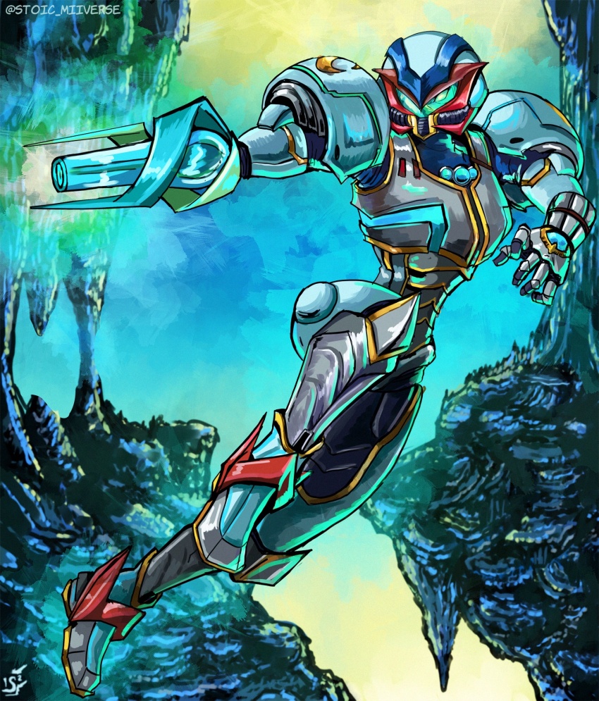 aiming alternate_color alternate_costume alternate_eye_color arm_cannon armor aura blue_gemstone chest_jewel commentary corruption crescent crescent_print crossover dark_persona double_helix english_commentary fierce_deity floating gem glowing hal_laboratory helmet highres knee_up leg_up legs looking_to_the_side metroid metroid:_other_m nintendo no_pupils possessed possession power_armor power_suit_(metroid) samus_aran see-through_clothes stoic_seraphim super_smash_bros. the_legend_of_zelda the_legend_of_zelda:_majora&#039;s_mask weapon white_eyes wrist_guards