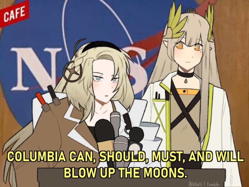 2girls arkiwi arknights artist_name black_choker blonde_hair blue_eyes choker closed_mouth coat collarbone commentary elf english_commentary english_text expressionless hairband highres kristen_(arknights) lab_coat laurel_crown laurels light_blush light_brown_hair logo long_hair long_sleeves looking_at_another microphone mole mole_under_eye muelsyse_(arknights) multiple_girls nasa_logo open_clothes open_coat orange_eyes parted_lips pointy_ears scene_reference shirt upper_body white_coat