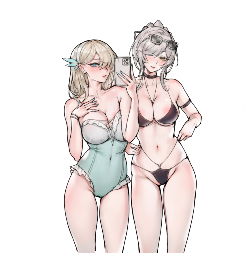 2girls absurdres arm_strap bikini black_bikini black_choker blonde_hair blue_eyes blue_nails blue_one-piece_swimsuit blush bracelet breasts choker covered_navel eyewear_on_head feather_hair_ornament feathers frilled_one-piece_swimsuit frills gdhs gradient_one-piece_swimsuit grey_hair hair_behind_ear hair_ornament hair_over_one_eye hairband hancock_(warship_girls_r) hand_on_own_chest highres holding holding_phone jewelry large_breasts lexington_(cv-16)_(warship_girls_r) long_hair looking_at_viewer micro_bikini multi-strapped_bikini_bottom multi-strapped_bikini_top multiple_girls navel necklace nose_blush one-piece_swimsuit phone simple_background stomach strapless strapless_one-piece_swimsuit sunglasses swimsuit taking_picture warship_girls_r white_background white_hairband white_one-piece_swimsuit yellow_eyes