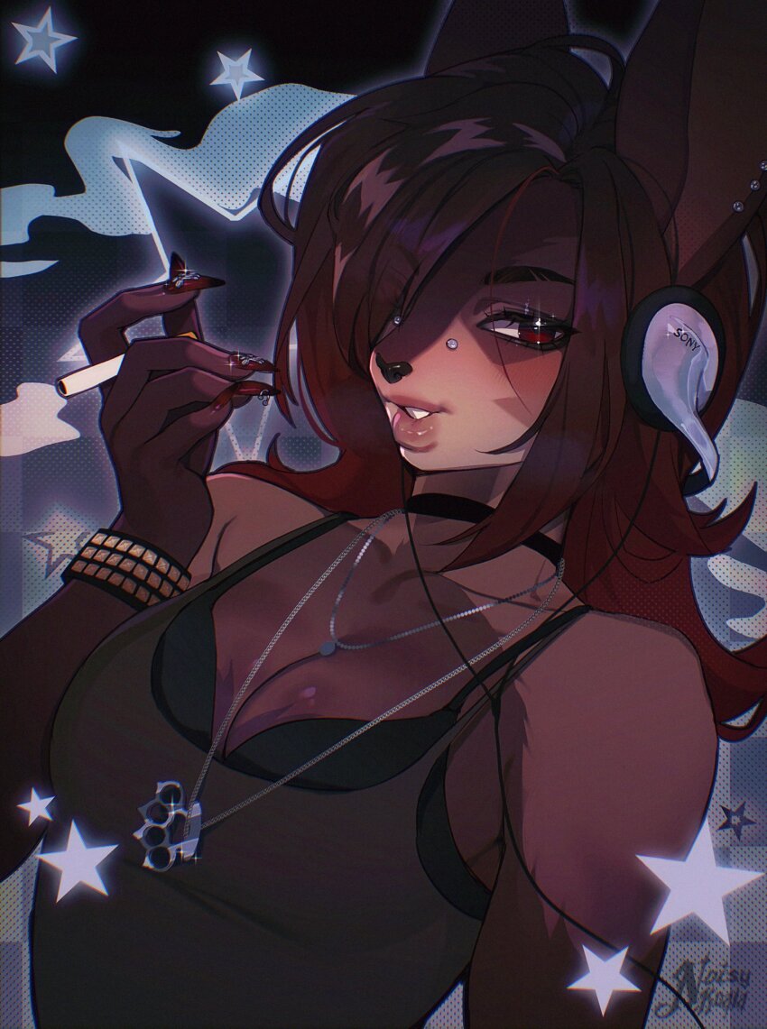1girl animal_ear_piercing animal_ears artist_name behind-the-head_headphones black_bra black_choker bra bra_peek bracelet brass_knuckles breasts bridge_piercing brown_hair brown_tank_top checkered_background choker cigarette cleavage colored_skin commentary commission dark_background dark_skin dutch_angle english_commentary eyebrow_cut eyes_visible_through_hair eyeshadow face_piercing film_grain fingernails flipped_hair gem-studded_nails gradient_background gradient_hair hair_over_one_eye halftone halftone_background headphones highres holding holding_cigarette jewelry light_blush long_fingernails long_hair looking_to_the_side makeup medium_breasts multicolored_hair multicolored_skin nail_art necklace noisykoala original outer_glow parted_lips piercing portrait rabbit_ears rabbit_girl red_eyes red_hair red_nails smoke smokey_eyeshadow sony sparkle sparkling_eyes star_(symbol) studded_bracelet tank_top thick_eyebrows thick_lips two-tone_skin underwear weapon y2k_fashion