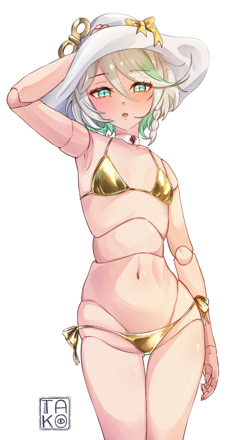 1girl absurdres arm_up armpits bikini braid cecilia_immergreen colored_inner_hair commentary cowboy_shot doll doll_joints double-parted_bangs english_commentary flat_chest gluteal_fold gold_bikini golden_week green_eyes green_hair grey_hair hair_between_eyes hat highres hololive hololive_english joints looking_at_viewer multicolored_hair navel open_mouth short_hair side-tie_bikini_bottom side_braid simple_background single_braid solo stomach straight-on streaked_hair string_bikini sun_hat swimsuit takoroki teeth thigh_gap upper_teeth_only virtual_youtuber white_background white_hat winding_key