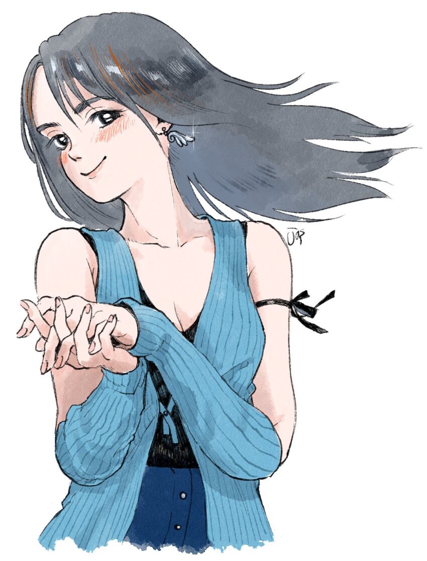 1girl arm_ribbon arm_warmers black_eyes black_hair blue_arm_warmers blush commentary_request earrings final_fantasy final_fantasy_viii floating_hair highres jas_(jasjasjasart) jewelry long_hair own_hands_together ribbon rinoa_heartilly sleeveless_duster smile solo white_background