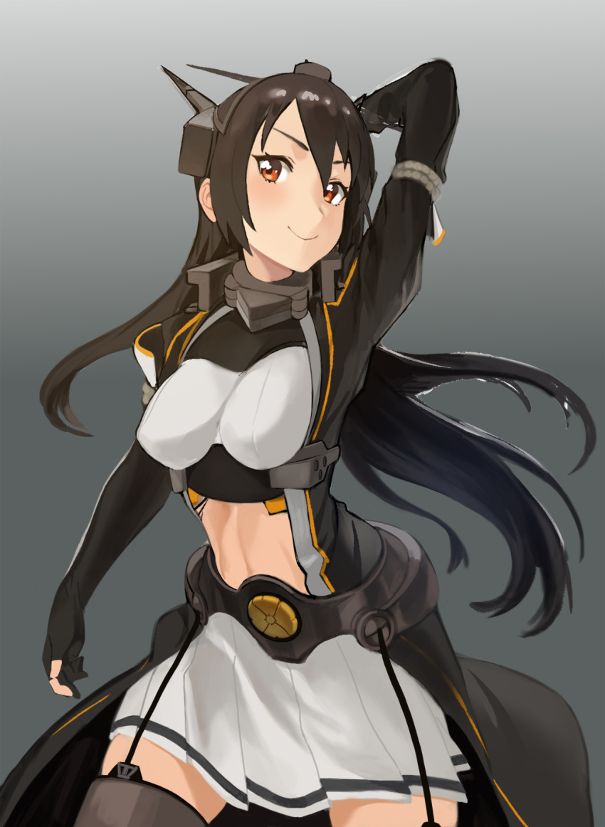 1girl arm_behind_head arm_up black_gloves black_hair blush breasts commentary garter_straps gloves gom_(kooskoo) hair_between_eyes headgear highres kantai_collection long_hair looking_at_viewer medium_breasts midriff mixed-language_commentary nagato_(kancolle) nagato_kai_ni_(kancolle) partially_fingerless_gloves pleated_skirt red_eyes simple_background skirt smile solo very_long_hair