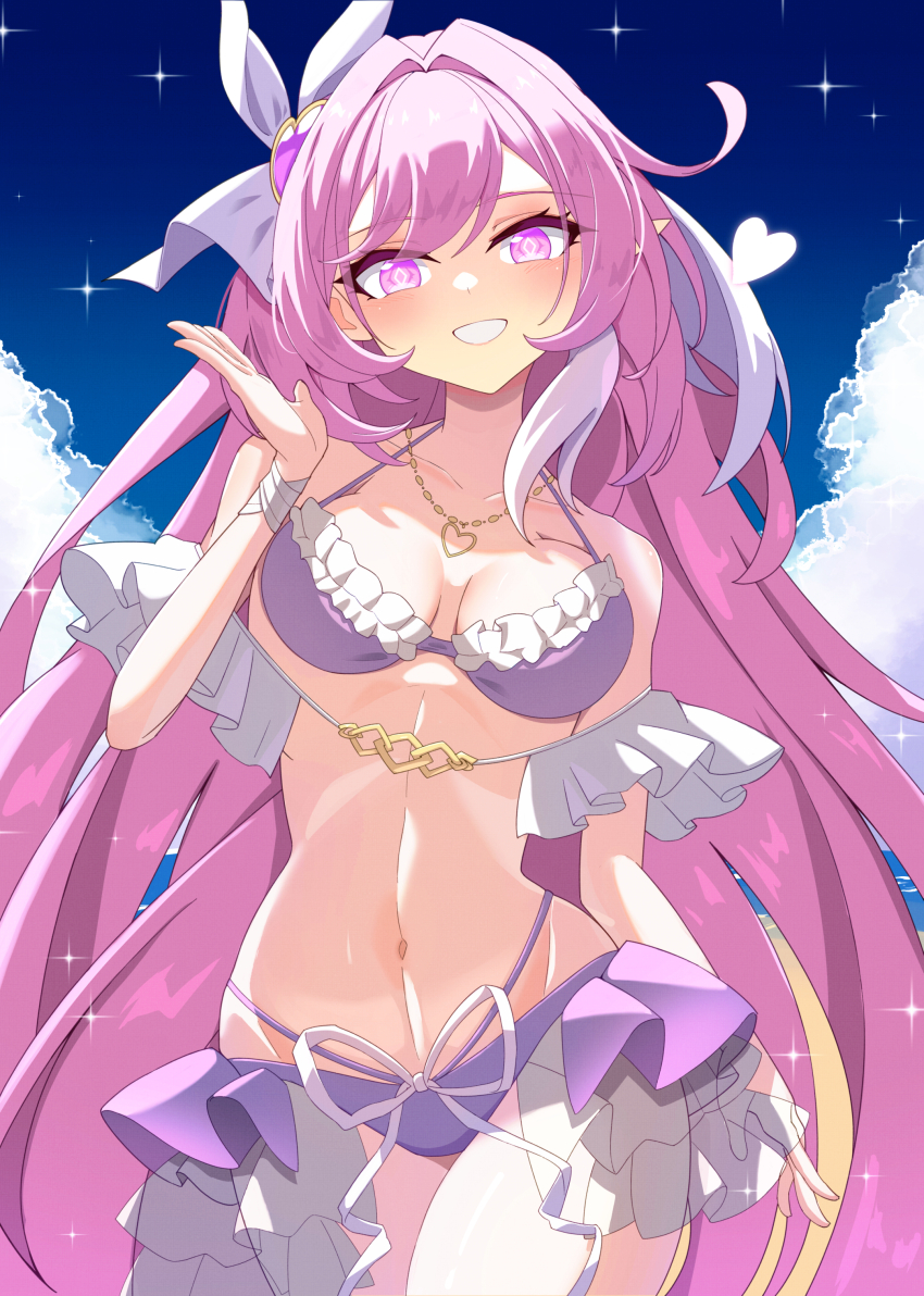 1girl absurdres bare_shoulders beach bikini bow bowtie breasts collarbone eight_(eight3rd1) elf elysia_(herrscher_of_human:_ego)_(honkai_impact) elysia_(honkai_impact) elysia_(summer_2023)_(honkai_impact) frilled_bikini frills hair_between_eyes hair_ornament hand_up heart highres honkai_(series) honkai_impact_3rd jewelry long_hair looking_at_viewer midriff navel necklace pink_eyes pink_hair pink_pupils pointy_ears purple_bikini sky smile solo star_(sky) starry_sky swimsuit very_long_hair white_bow white_bowtie