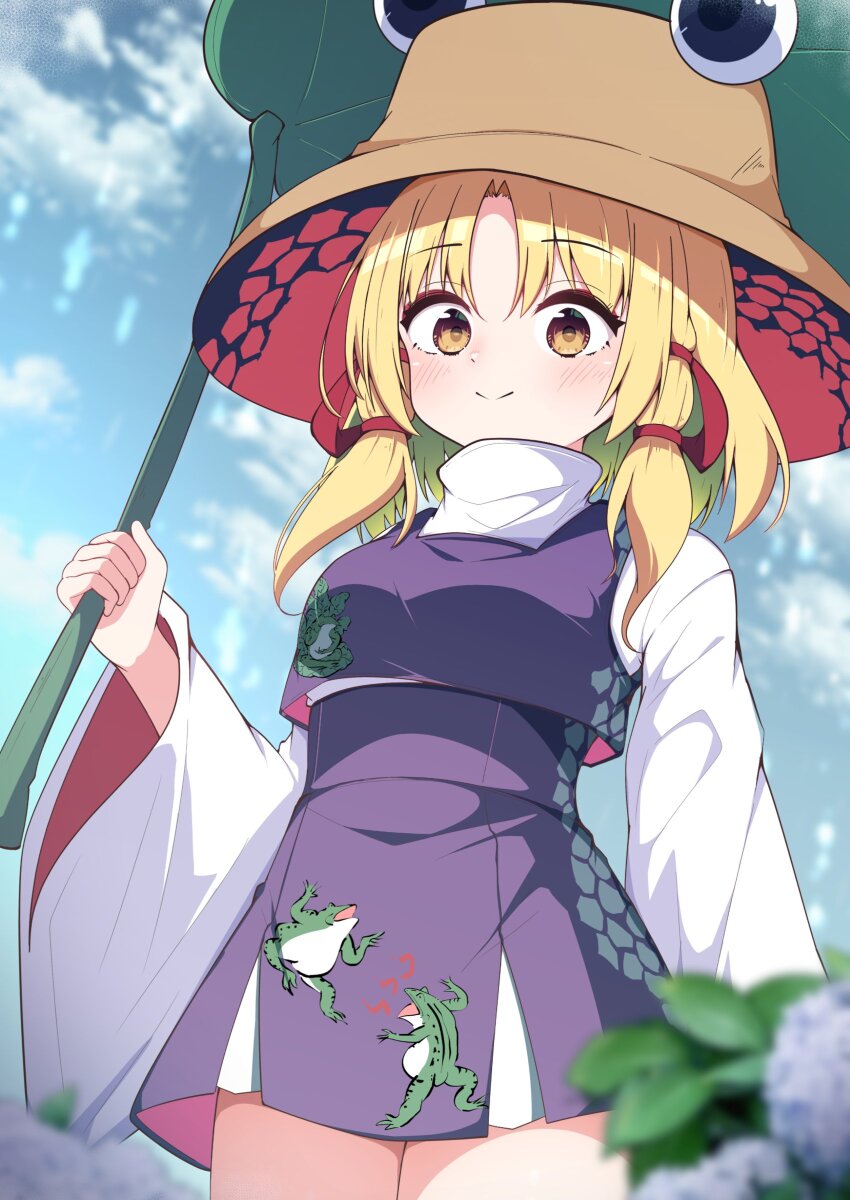 1girl absurdres animal_print blonde_hair blurry blurry_foreground breasts brown_hat closed_mouth cloud cloudy_sky commentary_request darumoon frog_print hair_ribbon hat high-waist_skirt highres holding holding_leaf leaf leaf_umbrella long_sleeves looking_at_viewer making-of_available moriya_suwako parted_bangs purple_skirt purple_vest red_ribbon ribbon shirt sidelocks skirt sky small_breasts smile solo touhou tress_ribbon vest white_shirt wide_sleeves yellow_eyes