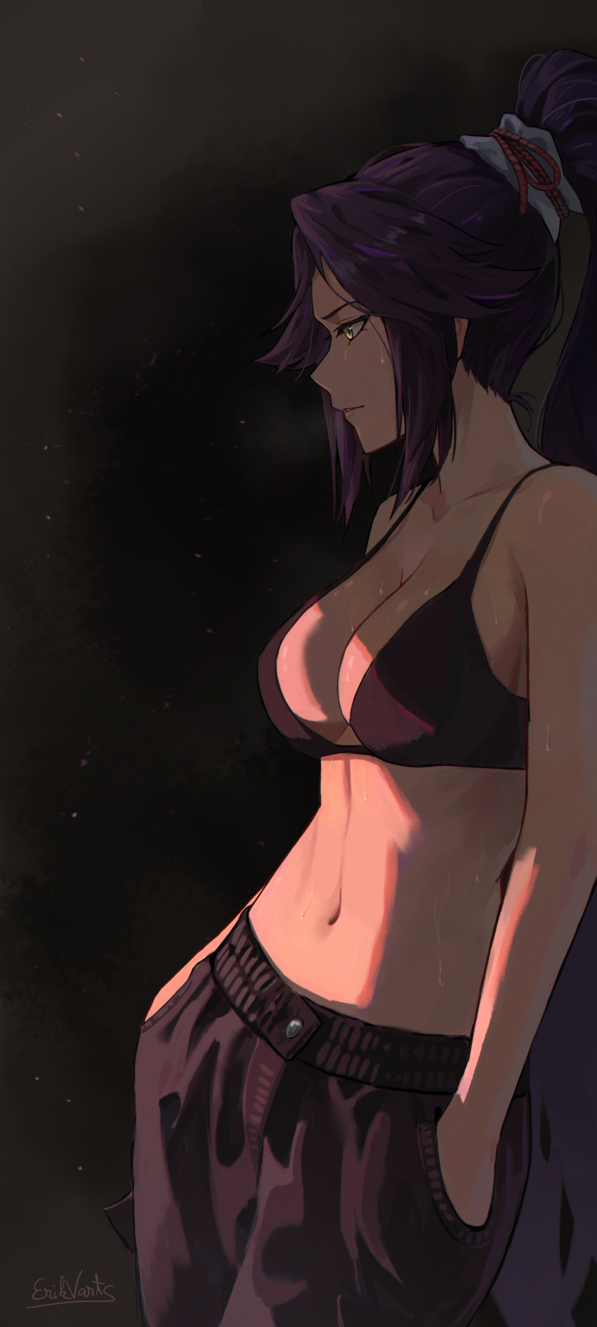 1girl absurdres black_background black_bra black_pants bleach bra breasts breath cleavage collarbone commentary dark-skinned_female dark_skin english_commentary erikvarts from_side hands_in_pockets highres large_breasts light_particles long_hair looking_to_the_side navel pants parted_bangs parted_lips ponytail purple_hair shihouin_yoruichi signature solo stomach sweat toned toned_female underwear yellow_eyes