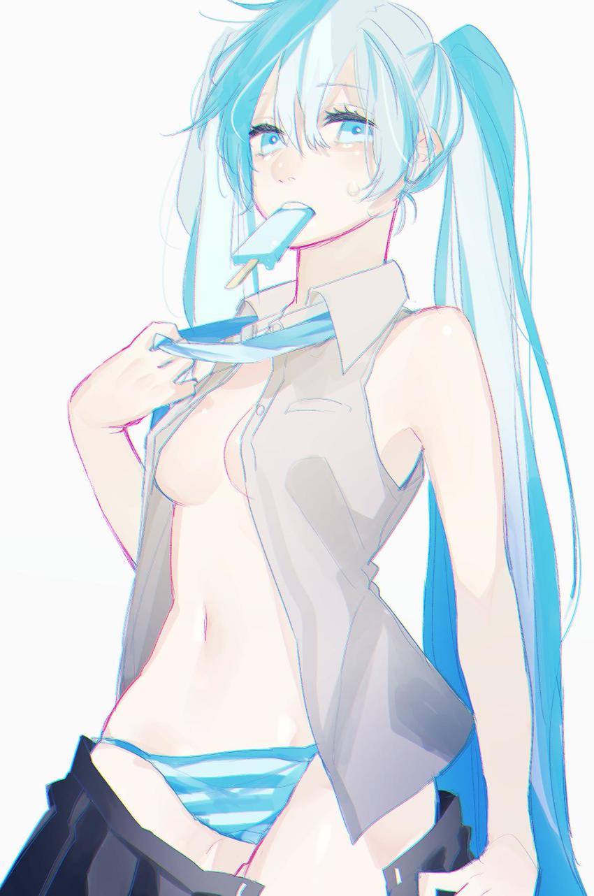 1girl arm_at_side bare_arms bare_shoulders biting black_skirt blue_eyes blue_hair blue_necktie blue_panties breasts chromatic_aberration clothes_pull collared_shirt cowboy_shot crotch_seam eyelashes female_focus food food_in_mouth grey_shirt hair_between_eyes half-closed_eyes hand_up hatsune_miku highres jitome long_hair looking_at_viewer melting messy_hair mouth_hold navel necktie no_bra open_clothes open_shirt pale_skin panties pecchii pleated_skirt popsicle shaded_face shiny_skin shirt sideboob sidelocks simple_background skirt sleeveless sleeveless_shirt small_breasts solo stomach straight_hair striped_clothes striped_panties sweat teeth thighs twintails underboob underwear undone_necktie undressing untying upper_teeth_only very_long_hair vocaloid white_background