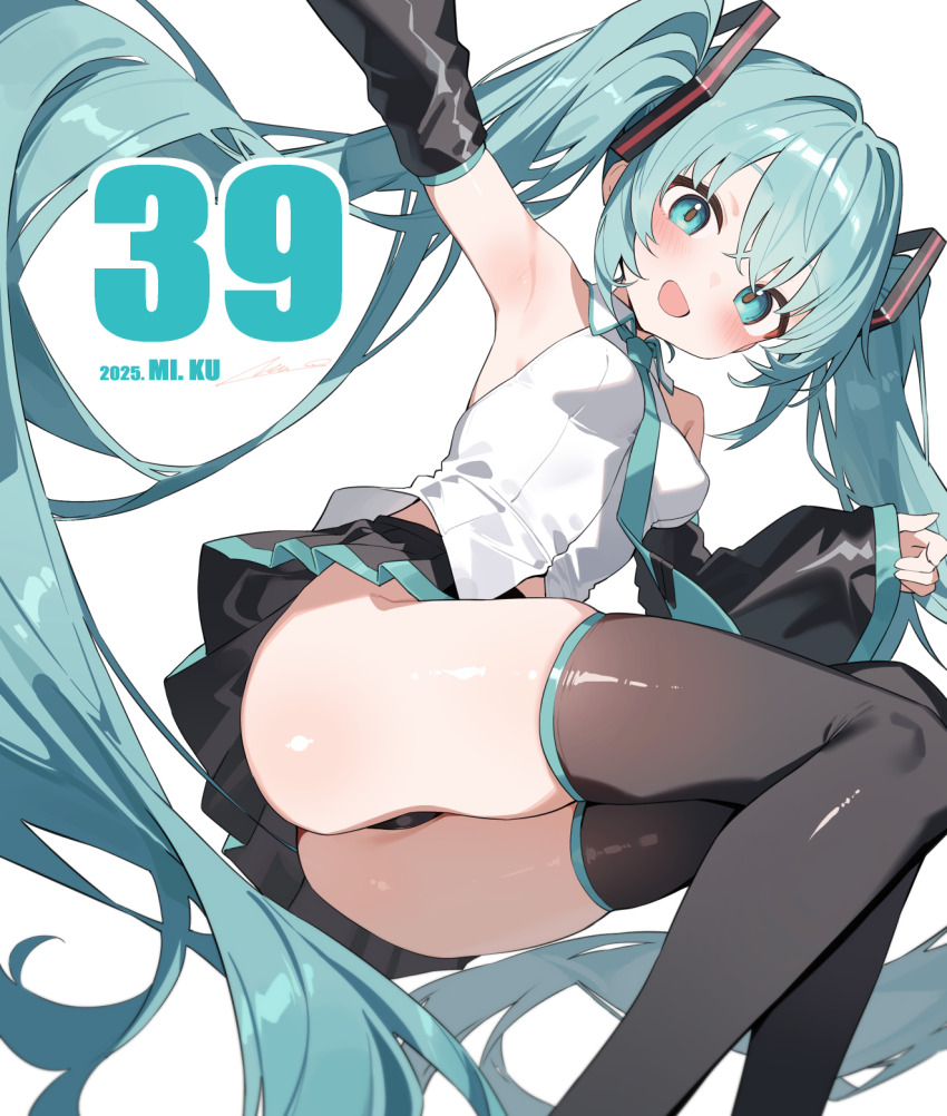 1girl 39 arm_warmers ass blue_eyes blue_hair breasts collared_shirt floating floating_headgear hatsune_miku headgear highres long_hair looking_at_viewer medium_breasts necktie overlord_(overlord80000) panties pleated_skirt shirt simple_background skirt sleeveless sleeveless_shirt smile solo thighhighs thighs twintails underwear vocaloid white_background white_shirt