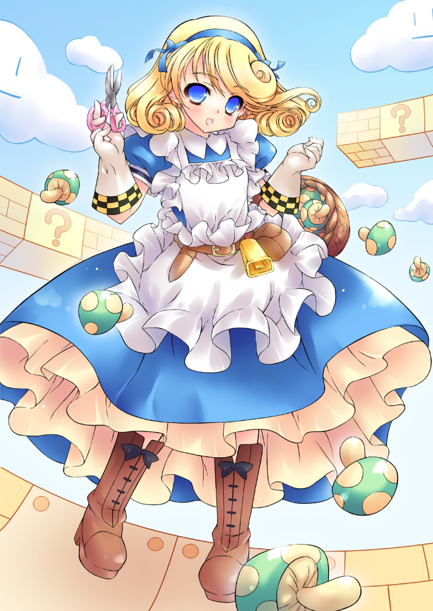 1girl 1up ?_block apron atlus bad_id bad_pixiv_id basket blonde_hair blue_eyes boots etrian_odyssey farmer_(sekaiju) farmer_4_(sekaiju) female_focus gloves highres hotei_kazuha mario_(series) mushroom nintendo outdoors sekaiju_no_meikyuu sekaiju_no_meikyuu_3 short_hair sky solo super_mario_bros._1