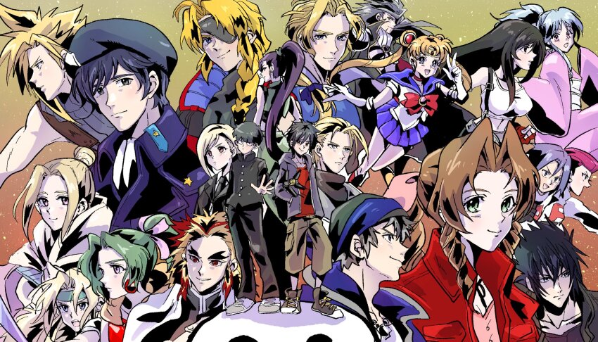 :d aerith_gainsborough aria_(pokemon_anime) bartholomew_fatima bishoujo_senshi_sailor_moon black_hair black_hat black_jacket black_pants black_suit blonde_hair blue_hair blue_sailor_collar blue_skirt botan_(yu_yu_hakusho) bow breasts brown_hair celes_chere character_request closed_mouth cloud_strife commentary_request copyright_request creatures_(company) crop_top crossover double_bun dragon_quest dragon_quest_xi elbow_gloves elena_(ff7) eyepatch final_fantasy final_fantasy_vi final_fantasy_vii formal_clothes gakuran game_freak ginga_eiyuu_densetsu gloves green_hair hair_bun hat highres jacket james_(pokemon) japanese_clothes jessie_(pokemon) kageyama_shigeo kimetsu_no_yaiba kimono long_hair long_sleeves looking_at_viewer magical_girl martina_(dq11) miniskirt mob_psycho_100 motsutei multiple_boys multiple_crossover multiple_girls necktie nintendo open_mouth pants pink_kimono pleated_skirt pokemon pokemon_(anime) ponytail purple_eyes purple_hair red_bow red_hair rengoku_kyoujurou rufus_shinra sailor_collar sailor_moon sailor_senshi_uniform school_uniform shirt short_hair single_hair_bun skirt smile spiked_hair suit tank_top team_rocket team_rocket_uniform tifa_lockhart tina_branford tseng tsukino_usagi twintails w white_gloves white_jacket white_shirt white_tank_top xenogears yuu_yuu_hakusho