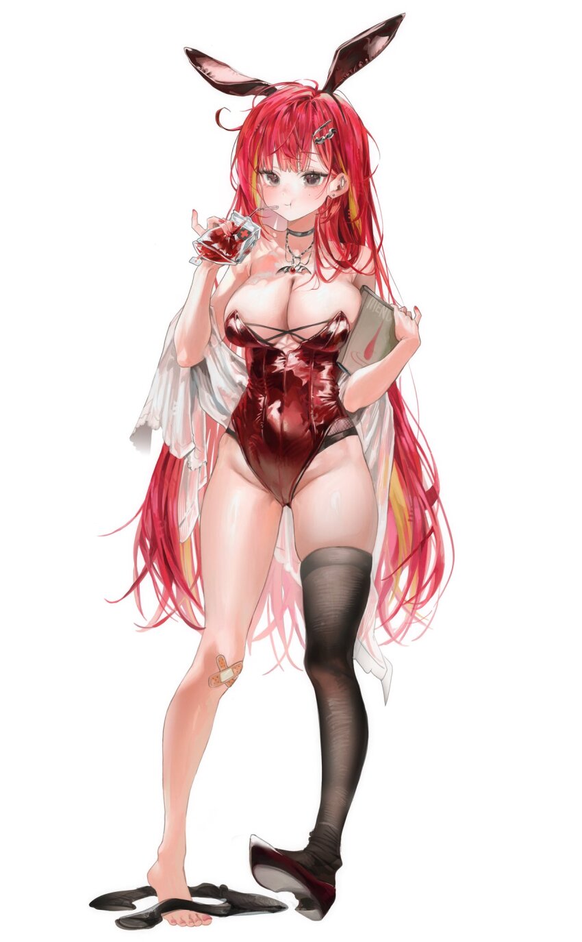 1girl akane_lize animal_ears bandaid bare_shoulders black_shoes black_thighhighs blonde_hair breasts cleavage closed_mouth covered_navel fake_animal_ears full_body highres holding large_breasts leotard long_hair looking_at_viewer mole multicolored_hair playboy_bunny rabbit_ears red_hair shoes simple_background single_bare_foot single_shoe single_thighhigh solo standing stellive streaked_hair sycisycii thighhighs unworn_legwear unworn_thighhighs very_long_hair virtual_youtuber white_background