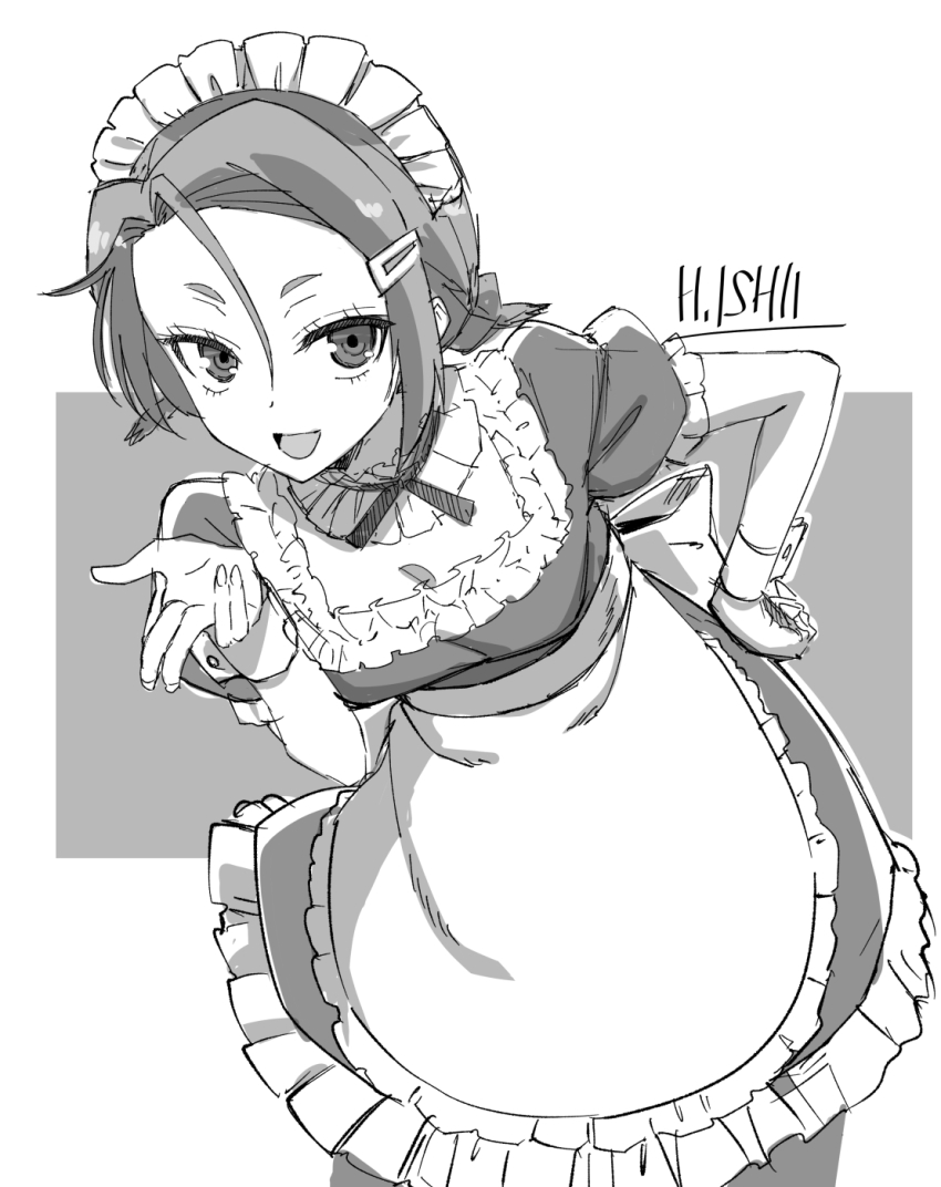 1girl :d apron artist_name bokutachi_wa_benkyou_ga_dekinai breasts cleavage cowboy_shot dress forehead frilled_dress frills greyscale hair_between_eyes hair_ornament hairclip hand_on_own_hip hashtag-only_commentary highres ishii_hisao kominami_asumi looking_at_viewer maid maid_headdress monochrome open_mouth puffy_short_sleeves puffy_sleeves short_sleeves signature smile solo waist_apron wrist_cuffs