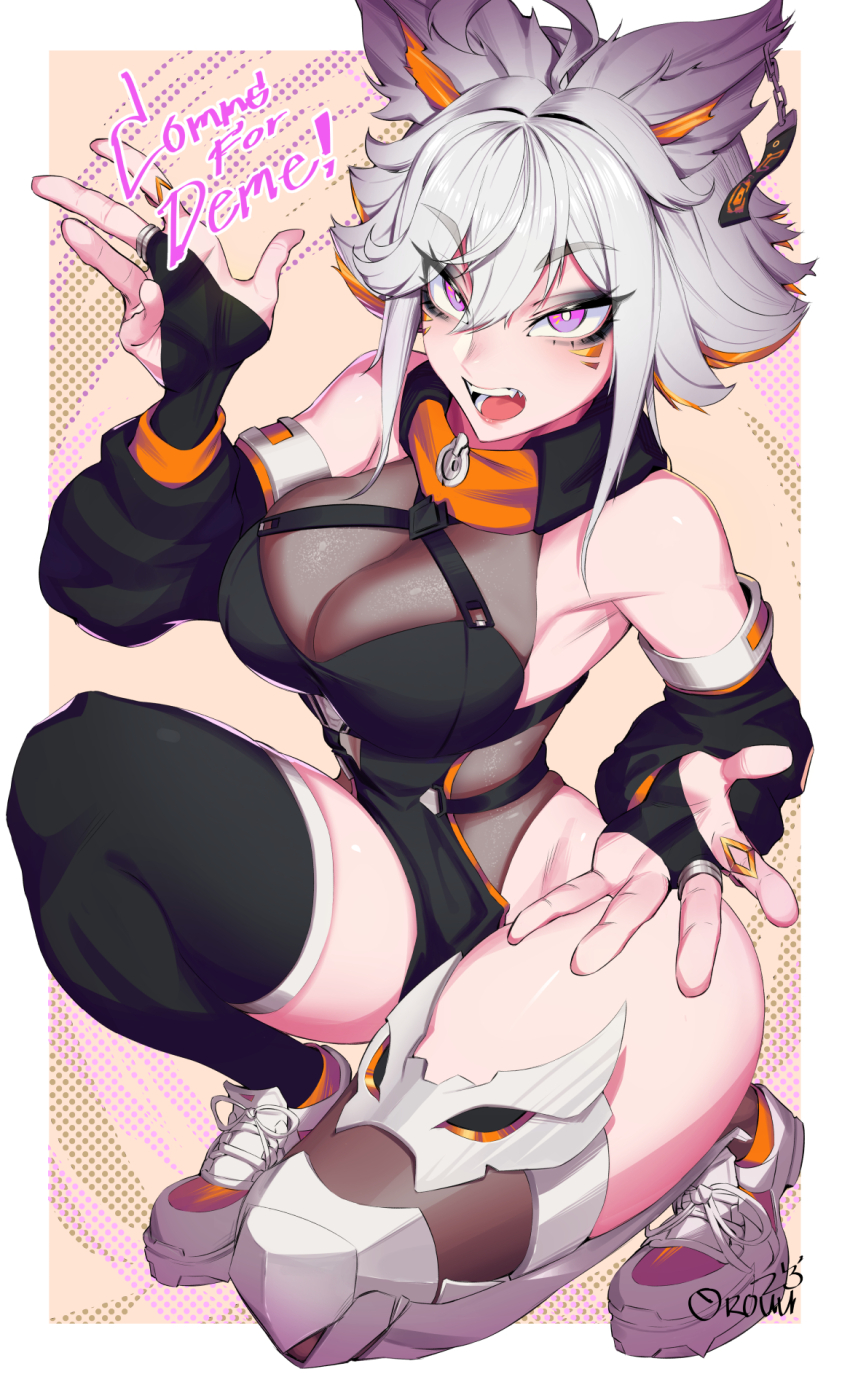 1girl animal_ears artist_name asymmetrical_legwear black_bridal_gauntlets black_dress black_sleeves black_thighhighs breasts bridal_gauntlets bright_pupils character_name cleavage colored_tips commission demenishki detached_sleeves dress earrings facial_mark grey_hair hair_between_eyes highres indie_virtual_youtuber jewelry large_breasts leotard leotard_under_clothes mismatched_legwear multicolored_hair open_mouth orange_hair orouu pelvic_curtain purple_eyes see-through_cleavage see-through_clothes shoes single_earring sneakers solo thighhighs virtual_youtuber white_pupils white_shoes