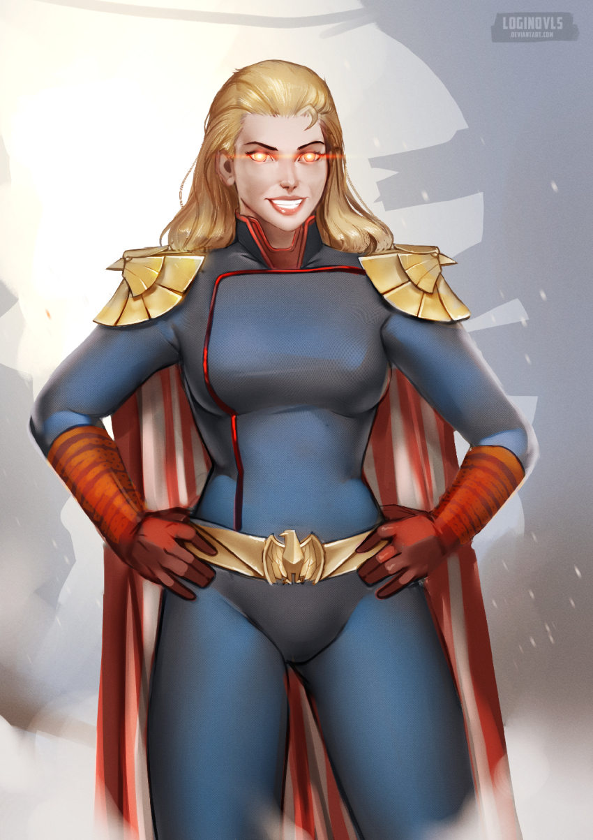 1girl american_flag armor bald_eagle belt bird blonde_hair bodysuit breasts cape eagle energy firing firing_at_viewer genderswap genderswap_(mtf) gloves glowing glowing_eyes grin highres homelander lens_flare long_hair looking_at_viewer medium_breasts red_eyes shoulder_armor signature smile solo superhero_costume teeth the_boys uniform user_herv7754