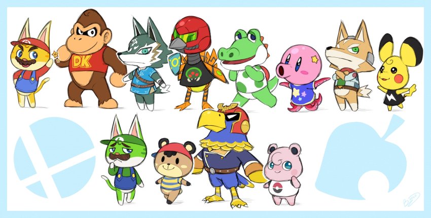 absurdres alligator animal_crossing bear bird captain_falcon cat creatures_(company) crocodilian donkey_kong donkey_kong_(series) f-zero fox_mccloud game_freak gen_1_pokemon gorilla highres jigglypuff kirby kirby_(series) link luigi mario mario_(series) metroid mother_(series) mouse_(animal) ness_(mother_2) nintendo octopus ostrich pikachu pokemon pokemon_(creature) samus_aran star_fox super_smash_bros. super_smash_bros._logo the_legend_of_zelda wolf wolf_link yoshi