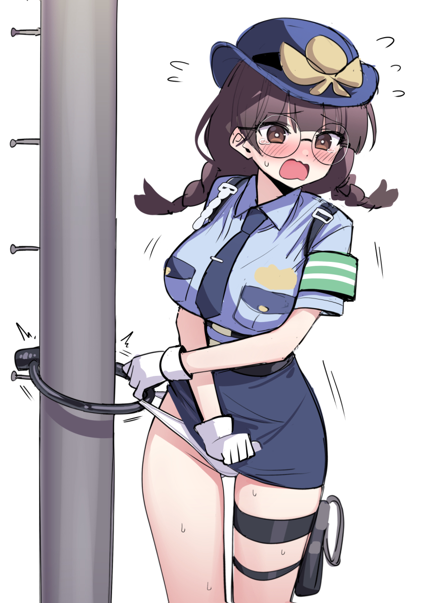 1girl black_survival blush braid breasts brown_eyes brown_hair deadnooodles eternal_return:_black_survival glasses gloves hat highres large_breasts looking_at_viewer official_alternate_costume open_mouth panties police police_uniform round_eyewear shirt simple_background skirt solo suzuki_aya suzuki_aya_(on-duty) twin_braids underwear white_background