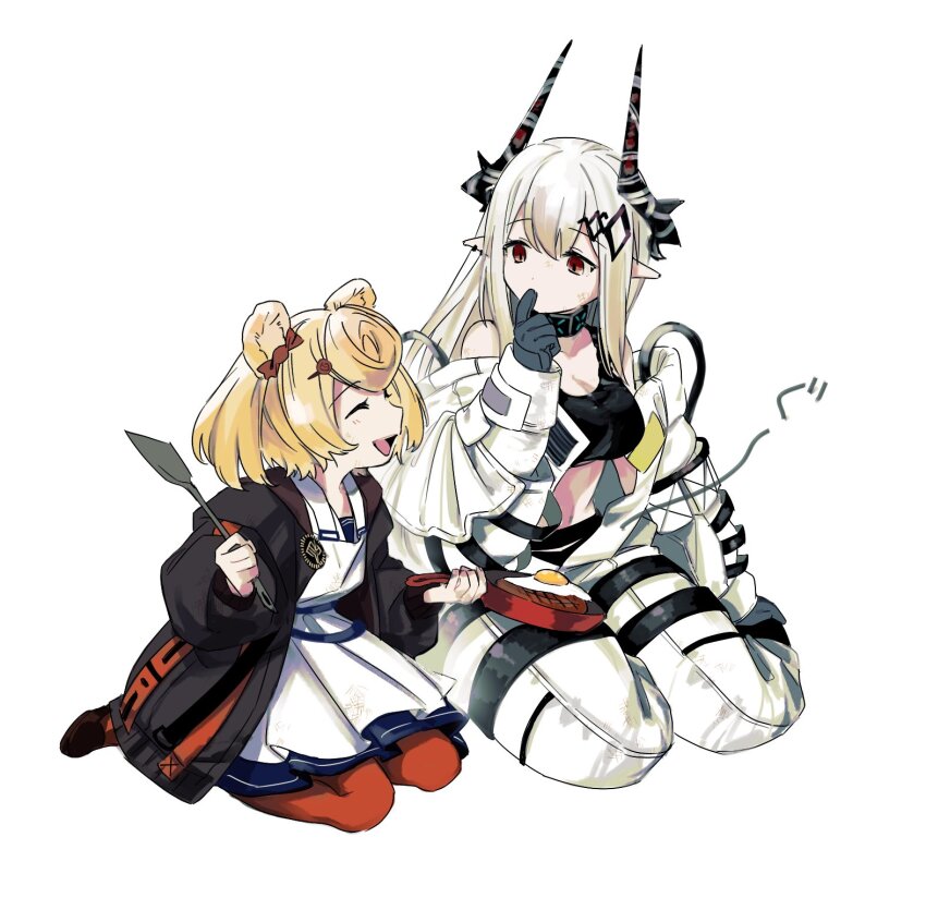 2girls animal_ears arknights bare_shoulders bear_ears black_gloves black_jacket black_sports_bra blonde_hair breasts cleavage closed_eyes demon_horns dress finger_to_mouth fried_egg frying_pan gloves gummy_(arknights) gummy_(elite_ii)_(arknights) hair_ornament highres holding holding_frying_pan holding_spatula horns ieiieiiei infection_monitor_(arknights) jacket jumpsuit kneeling large_breasts looking_at_another mudrock_(arknights) mudrock_(elite_ii)_(arknights) multiple_girls off_shoulder open_clothes open_jacket open_jumpsuit pantyhose pointy_ears red_eyes red_pantyhose short_hair simple_background spatula sports_bra translated white_background white_dress white_jumpsuit
