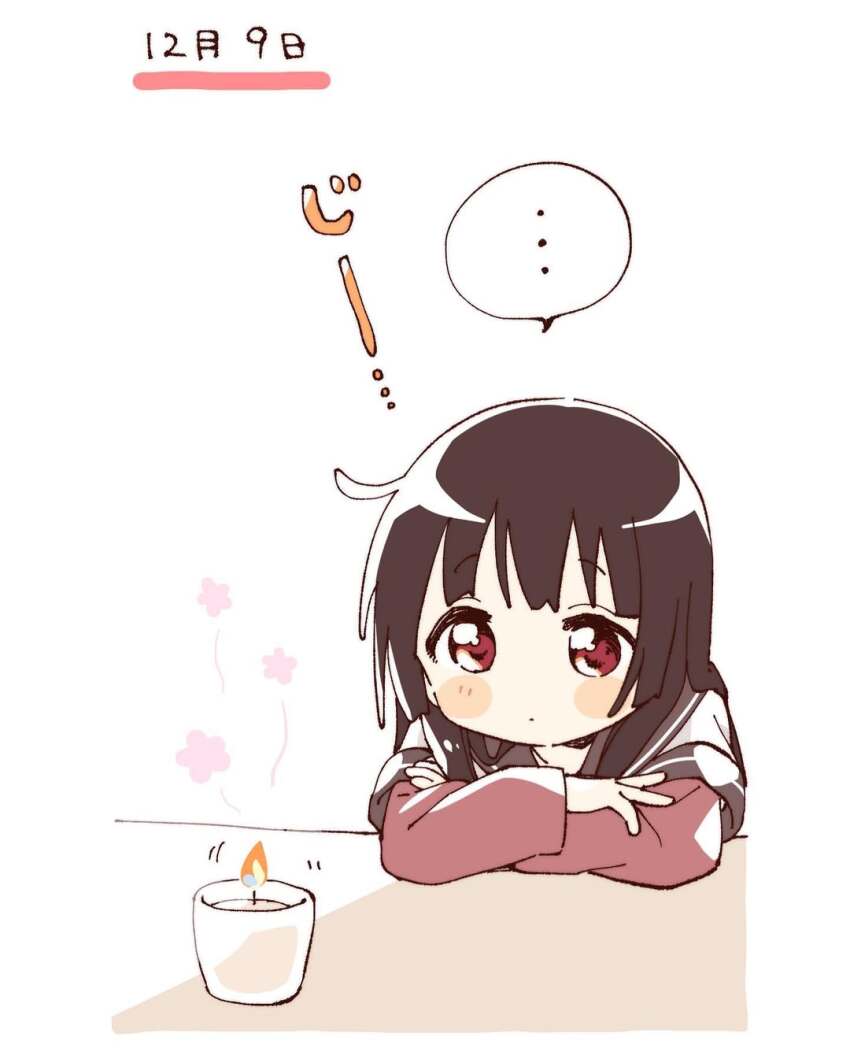 ... 1girl black_hair blunt_bangs blush_stickers brown_sailor_collar candle closed_mouth hashtag-only_commentary head_on_table highres layered_sleeves long_hair long_sleeves matsumoto_rise namori red_eyes sailor_collar shirt short_over_long_sleeves short_sleeves simple_background solo spoken_ellipsis translated white_background white_shirt yuru_yuri