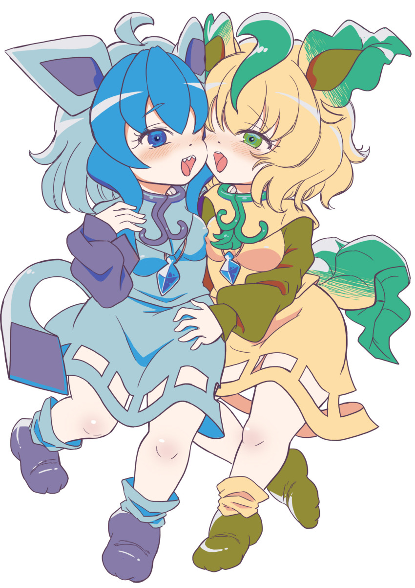 2girls ahoge blonde_hair blue_eyes blue_hair blue_shirt blue_skirt blue_socks blush breast_press breasts commentary_request cookie_(touhou) full_body gen_4_pokemon glaceon green_eyes green_footwear highres layered_sleeves leafeon long_sleeves looking_at_another looking_to_the_side medium_breasts medium_hair multicolored_hair multiple_girls nintendo nyon_(cookie) open_mouth pokemon purple_footwear sharp_teeth shirt shoes short_over_long_sleeves short_sleeves simple_background skirt skirt_set smile socks standing symmetrical_docking teeth tsuzuchii two-tone_hair white_background yellow_shirt yellow_skirt yellow_socks yuri