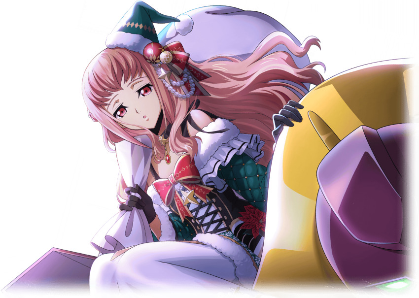 1girl anya_alstreim artist_request bare_shoulders black_choker black_gloves bow bowtie breasts brooch choker code_geass code_geass:_lost_stories corset cropped_legs dutch_angle female_focus flower fur-trimmed_headwear fur-trimmed_jacket fur-trimmed_sleeves fur_trim game_cg gem gloves green_hat green_jacket hair_down half-closed_eyes hand_up hat hat_bow hat_ornament highres holding holding_sack jacket jewelry long_hair long_skirt looking_at_viewer mecha mordred_(code_geass) non-web_source official_art on_mecha open_mouth over_shoulder pink_hair red_bow red_bowtie red_eyes red_flower red_gemstone robot sack santa_hat sidelocks simple_background sitting skirt small_breasts solo star_(symbol) transparent_background white_skirt