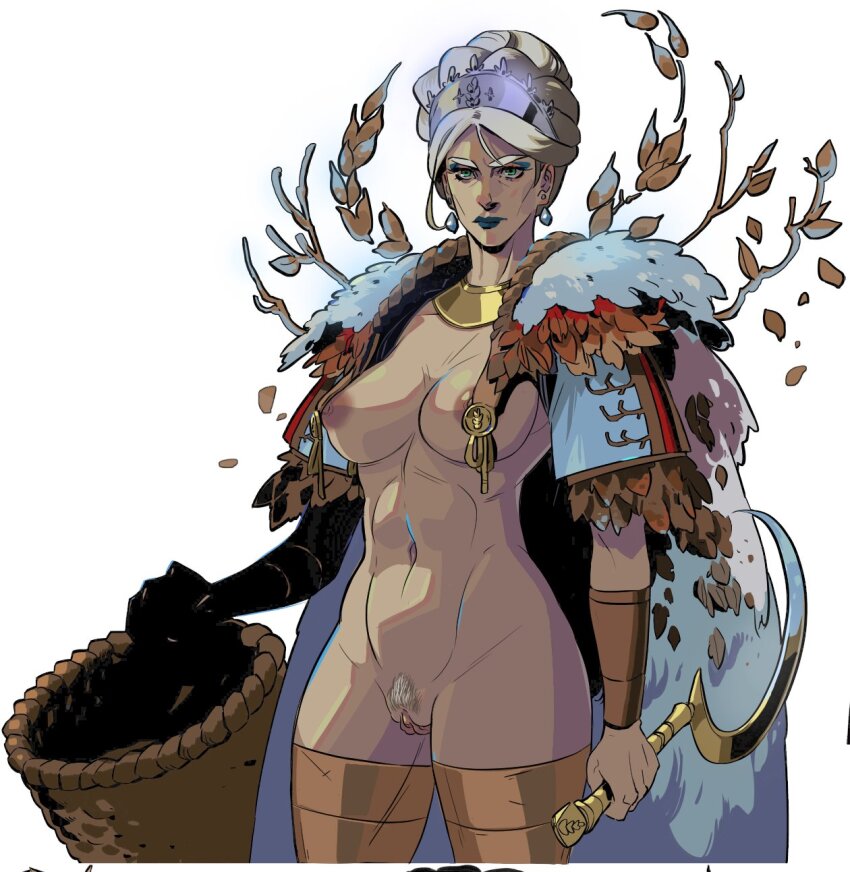 1girl alzward armored_boots basket blue_lips boots breasts cape clitoris commentary corrupted_twitter_file dark-skinned_female dark_labia dark_nipples dark_skin demeter_(hades) earrings english_commentary floating_earring gorget greek_mythology green_eyes hades_(series) hades_2 hair_bun highres holding holding_basket holding_sickle holding_weapon jewelry long_labia looking_at_viewer mature_female medium_breasts naked_cape nipples pussy reverse_grip short_hair snow solo thigh_boots tiara toned toned_female uncensored updo weapon white_hair