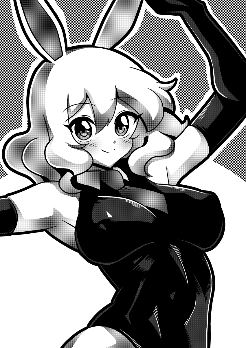 1girl absurdres acefish armpits arms_up bare_shoulders black_gloves black_leotard blush breasts covered_erect_nipples gloves hair_between_eyes halftone halftone_background highres large_breasts leotard mary_(acefish) monochrome necktie original playboy_bunny rabbit_ears rabbit_girl short_hair smile white_background white_hair wide_hips